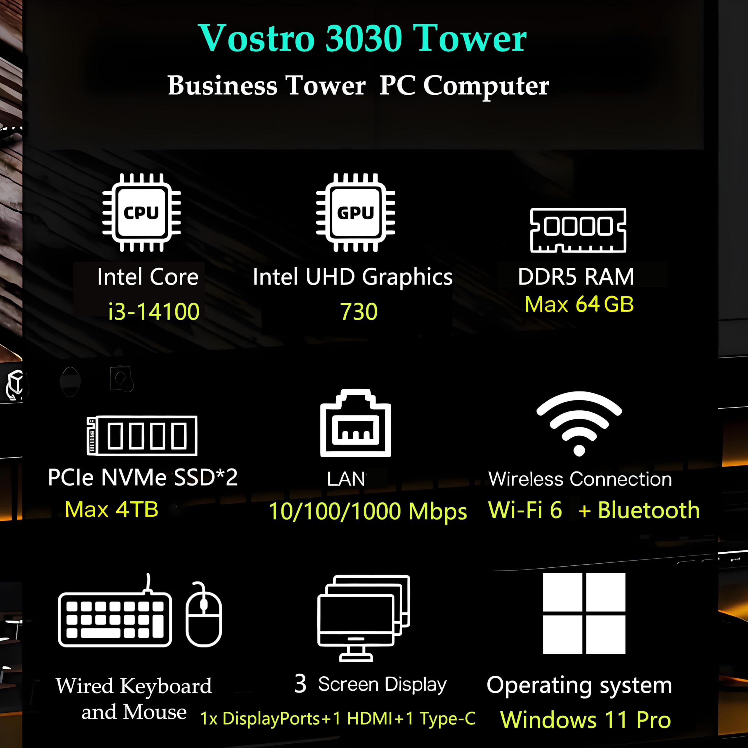 Dell Tower PC Desktop Computer for Home & Business, 14th Gen Intel Core i3-14100 (Beat i5-12400), 32GB DDR5 RAM, 1TB PCIe SSD, WiFi 6, Bluetooth, Windows 11 Pro