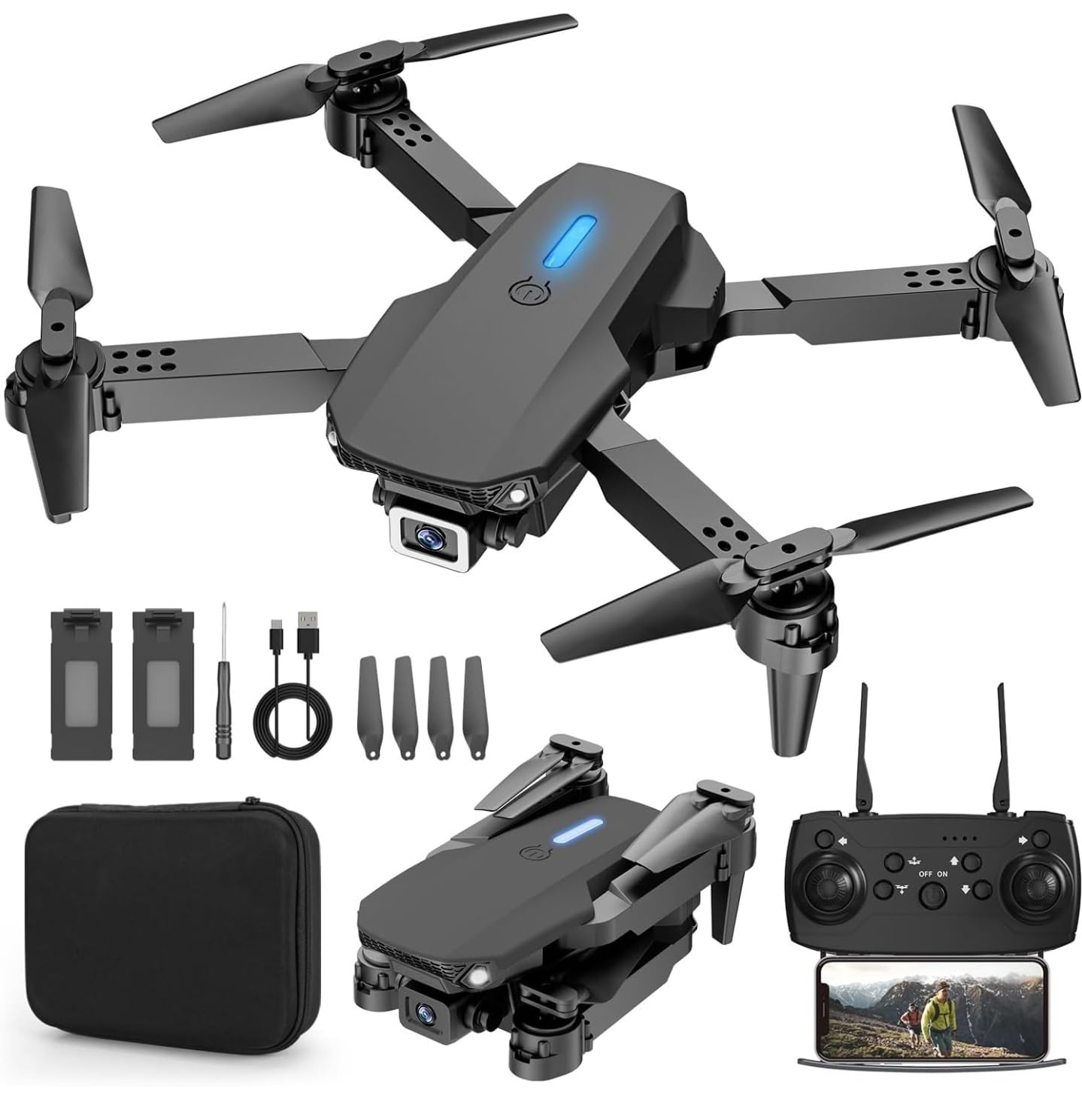 E88 Drone w/HD Dual Camera for Beginners Simple Foldable RC Quadcopter With Real-Time Video and Rechargable Battery