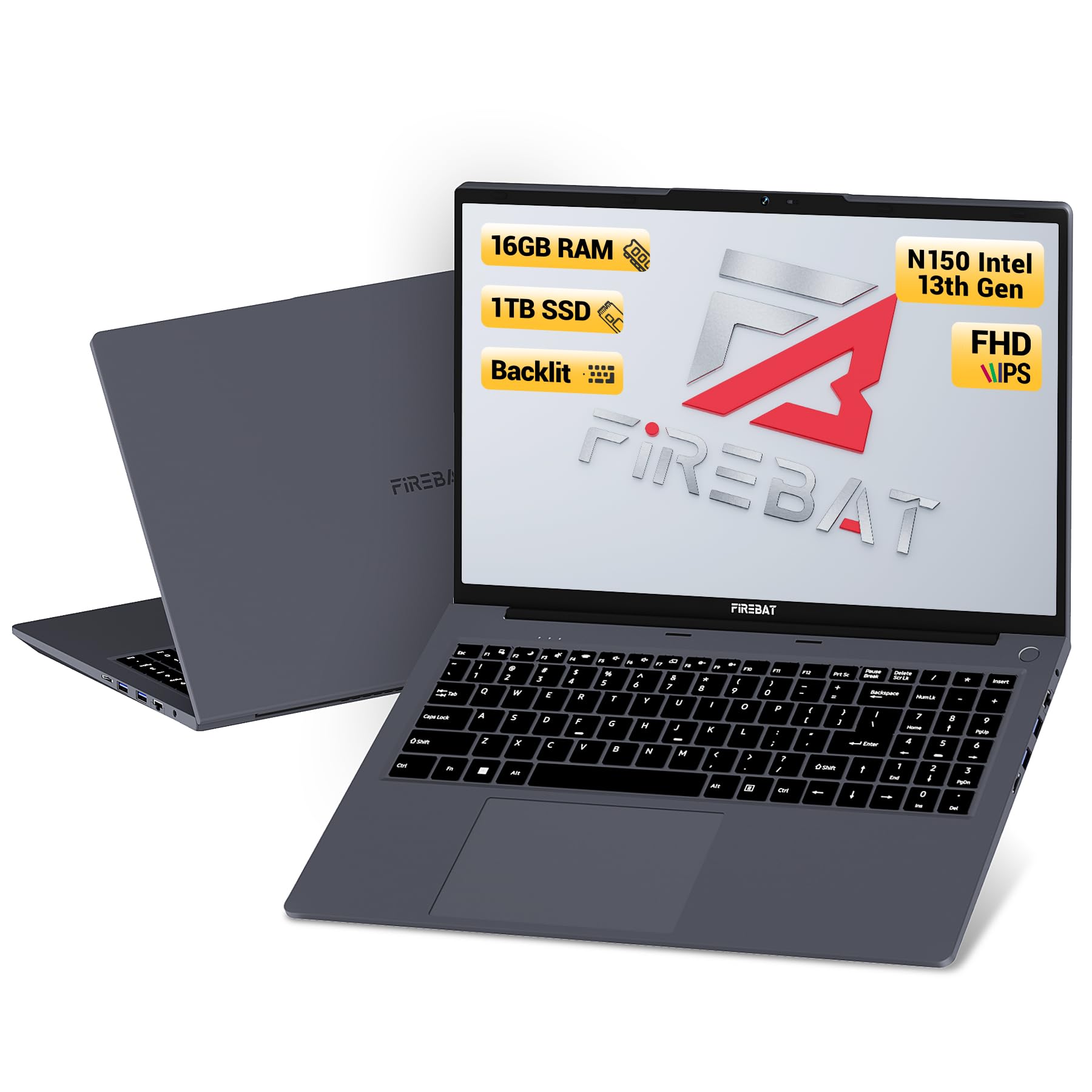 FIREBAT Laptop Student Notebook, Intel 13th Gen Quad Core N150 3.6GHz, 15.6in IPS FHD, 16GB RAM 1TB SSD, Webcam, Backlit Keyboard, Touchpad, Student/Business/Light-Games/Home Laptop Computer【AT15】