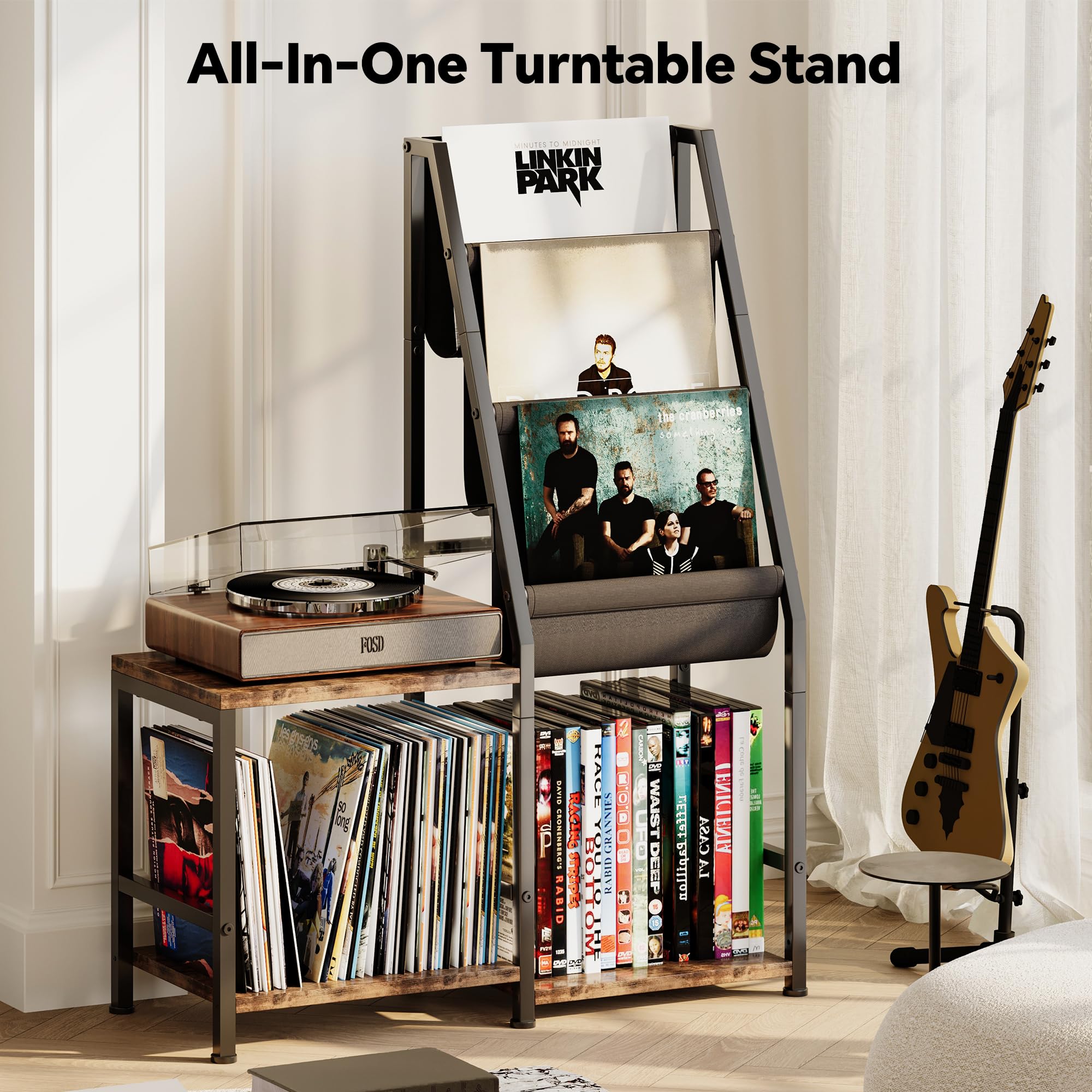 Homeiju 3-in-1 Record Player Stand with Vinyl Storage, Record Cabinet & Turntable Stand, Fits 200 Albums, Vintage Media Storage Organizer/Wood Accent