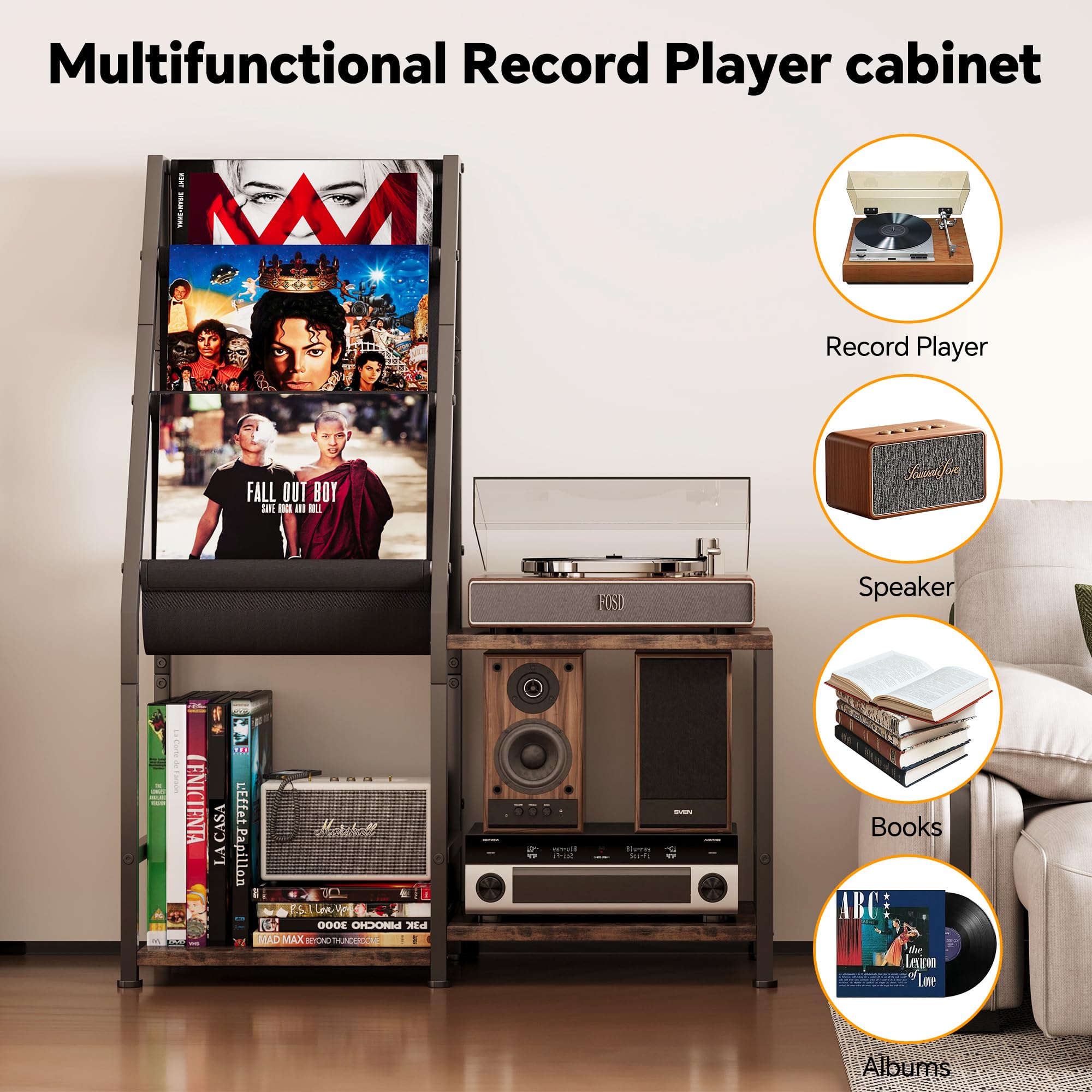 Homeiju 3-in-1 Record Player Stand with Vinyl Storage, Record Cabinet & Turntable Stand, Fits 200 Albums, Vintage Media Storage Organizer/Wood Accent