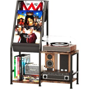 Homeiju 3-in-1 Record Player Stand with Vinyl Storage, Record Cabinet & Turntable Stand, Fits 200 Albums, Vintage Media Storage Organizer/Wood Accent