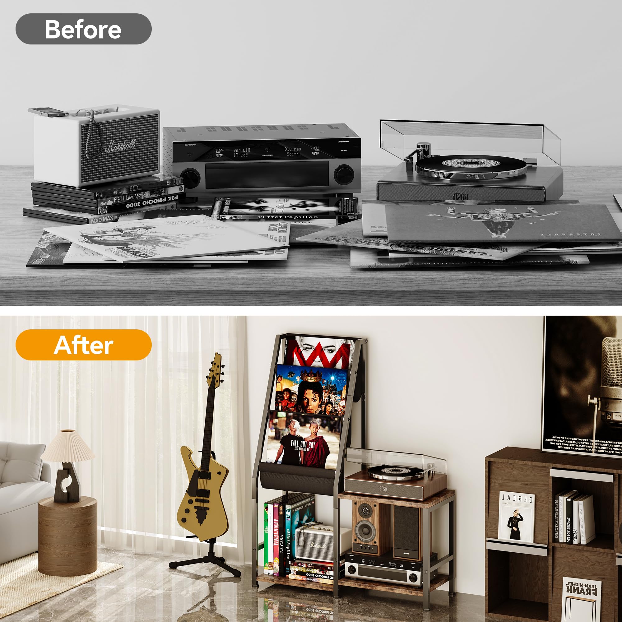 Homeiju 3-in-1 Record Player Stand with Vinyl Storage, Record Cabinet & Turntable Stand, Fits 200 Albums, Vintage Media Storage Organizer/Wood Accent