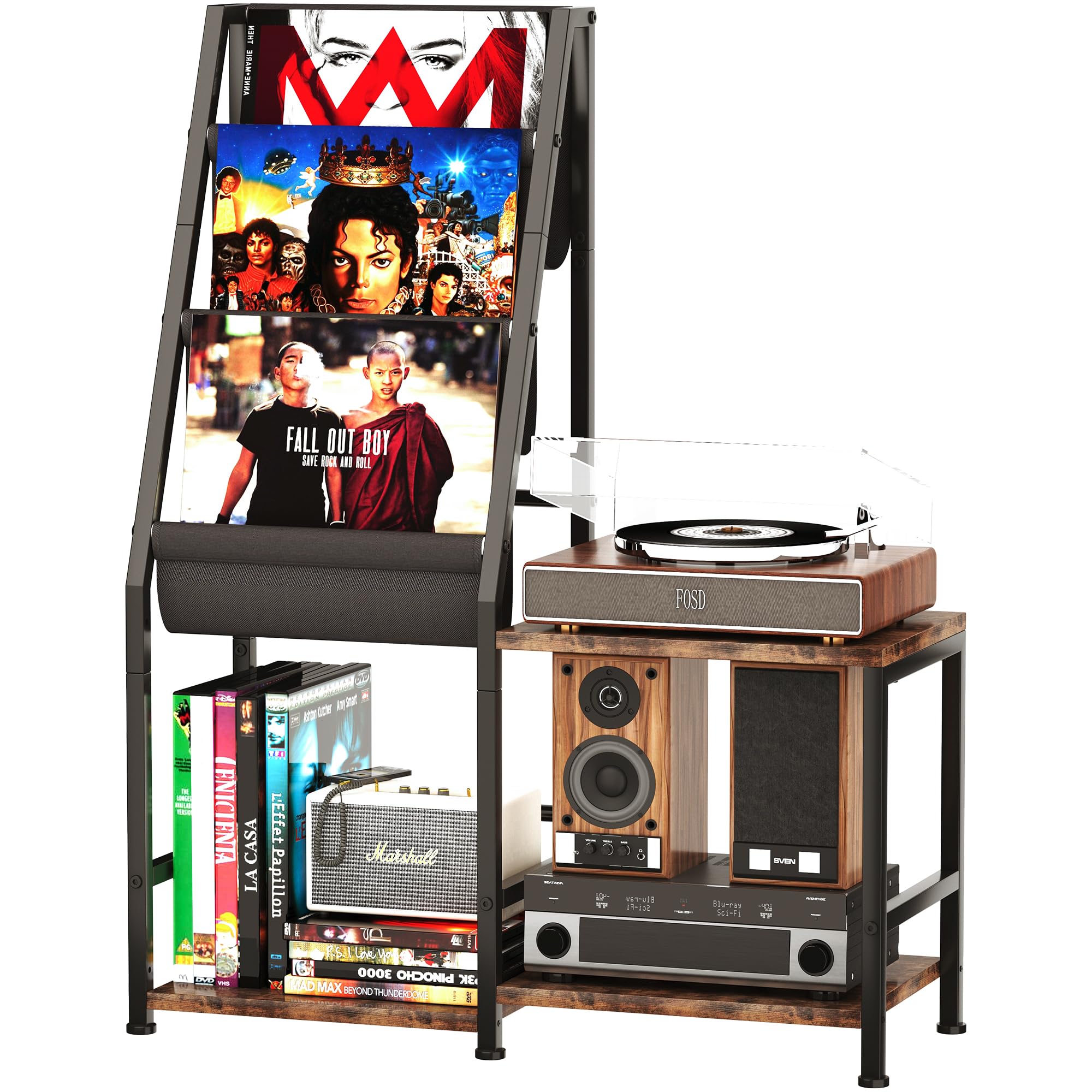 Homeiju 3-in-1 Record Player Stand with Vinyl Storage, Record Cabinet & Turntable Stand, Fits 200 Albums, Vintage Media Storage Organizer/Wood Accent