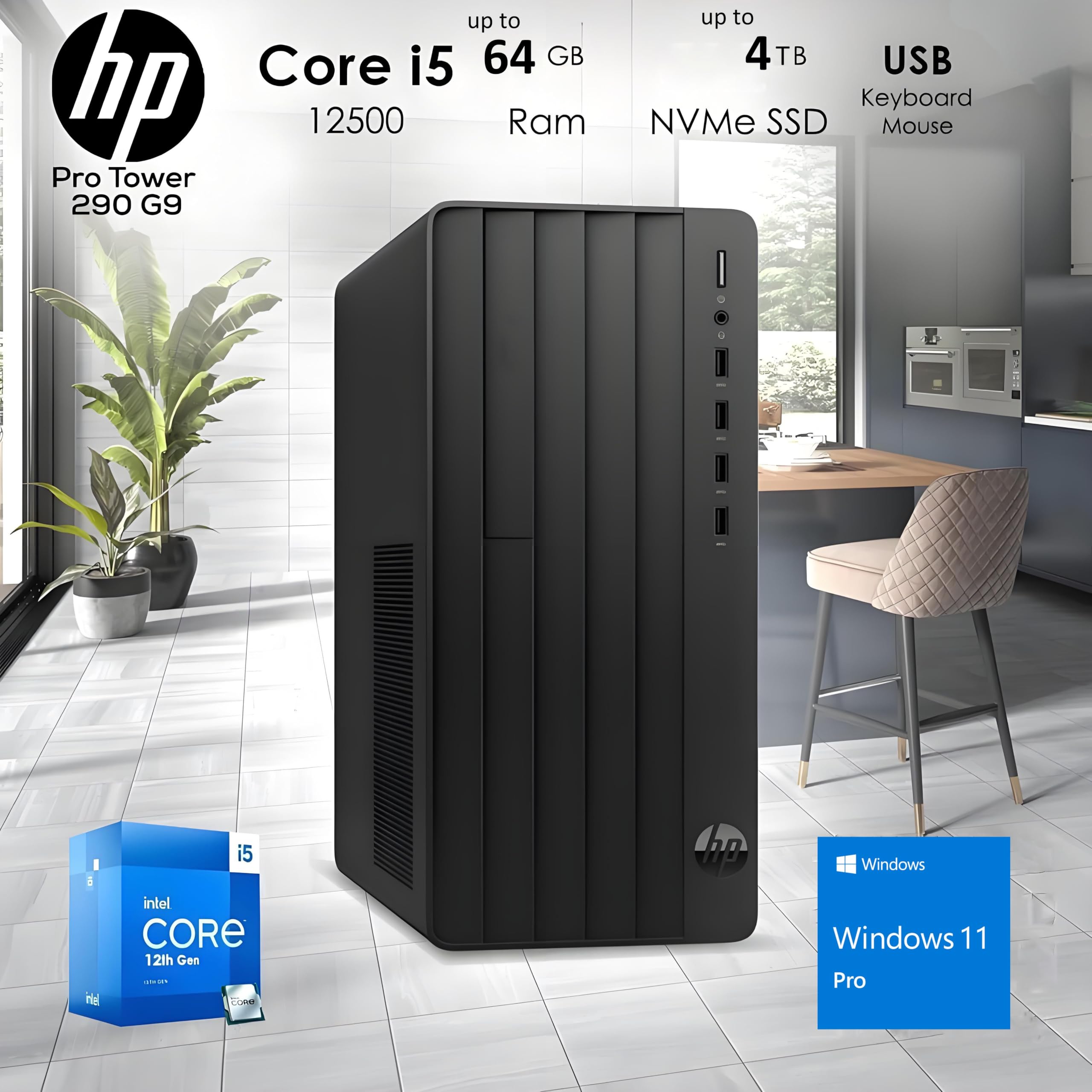HP Tower PC Desktop Computer for Home Business Student, Intel 6-Core i5-12500 (Beat i7-11700), 32GB DDR4 RAM, 1TB PCIe SSD, WiFi, Bluetooth, RJ-45, HDMI, VGA, Keyboard and Mouse, Windows 11 Pro