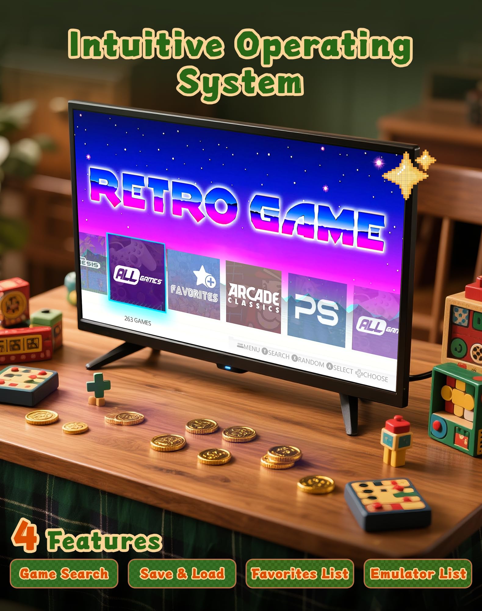 Huqjot 2025 Upgraded Retro Gaming Console Stick Pro, Video Games Console with 4K HDMI, Built-in 23 Classic Game Emulators, 20000+ Games - Video Game with Upgrade Dual 2.4G Wireless Controllers (64G)