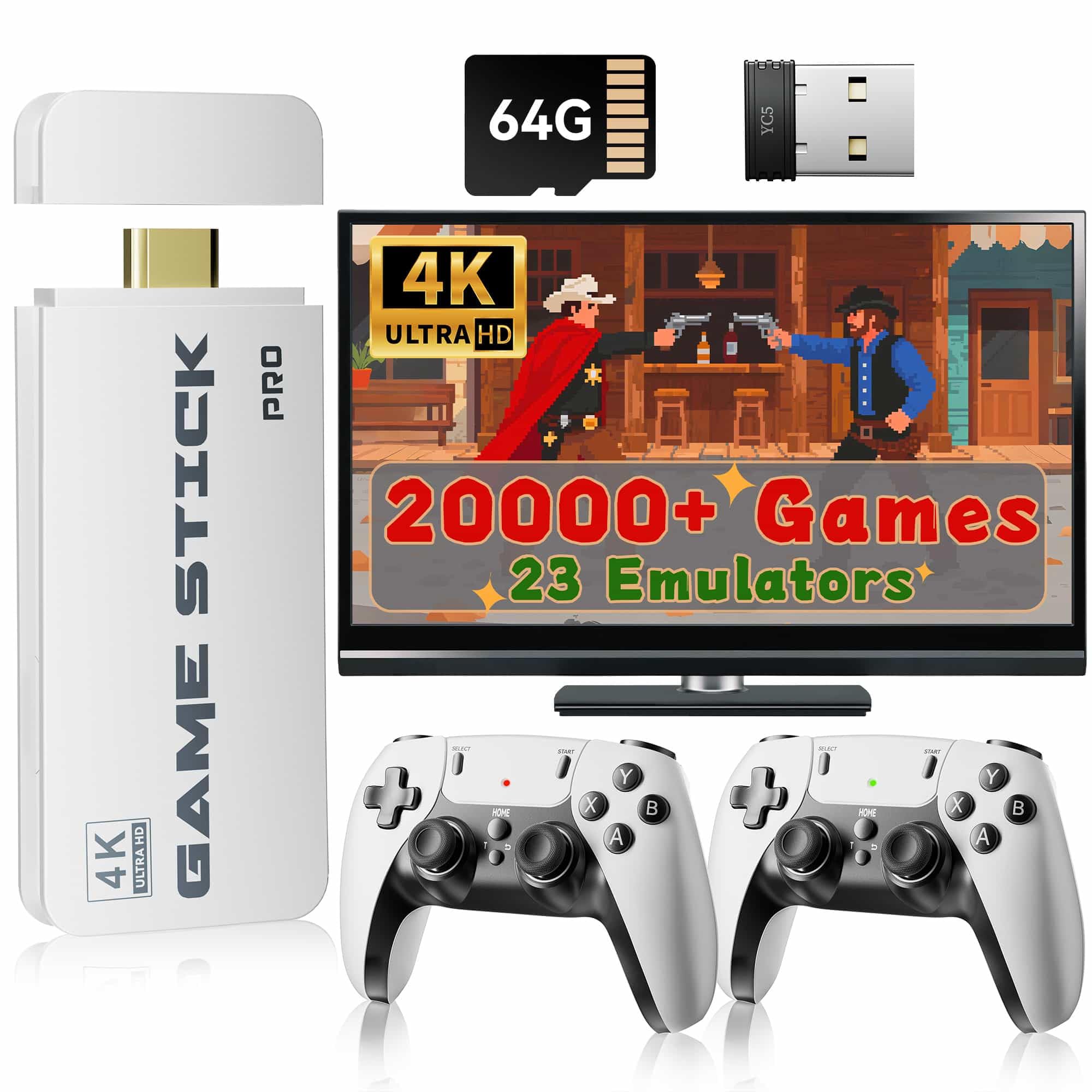 Huqjot 2025 Upgraded Retro Gaming Console Stick Pro, Video Games Console with 4K HDMI, Built-in 23 Classic Game Emulators, 20000+ Games - Video Game with Upgrade Dual 2.4G Wireless Controllers (64G)