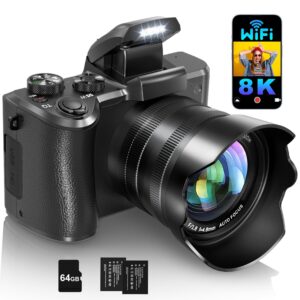 IGXHAVIZ 8K Digital Cameras for Photography Autofocus, WiFi 88MP Vlogging Camera with Dual-Lens, Flash, 16X Digital Zoom, Touch Screen, Travel Camera Anti-Shake with Lens Hood, 64GB Card,2 Batteries