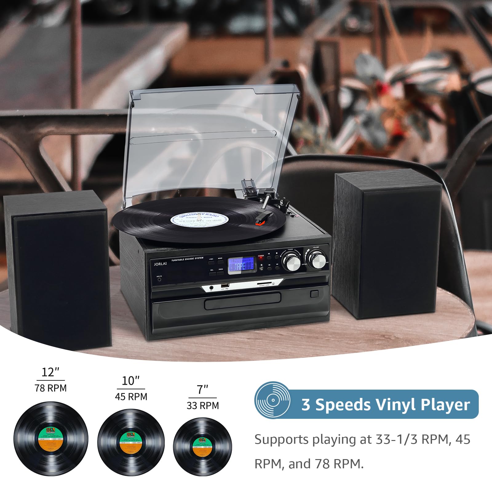 JORLAI 10-in-1 Vinyl Record Player 3 Speeds Turntable with 2 Separate Stereo Speakers, Bluetooth Gramophone with AM/FM Radio CD/Cassette USB/SD Player AUX-in/RCA outputs, Black
