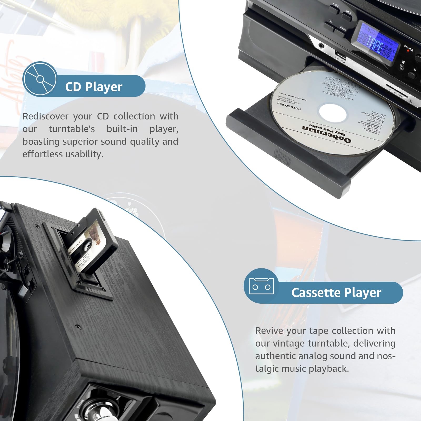 JORLAI 10-in-1 Vinyl Record Player 3 Speeds Turntable with 2 Separate Stereo Speakers, Bluetooth Gramophone with AM/FM Radio CD/Cassette USB/SD Player AUX-in/RCA outputs, Black