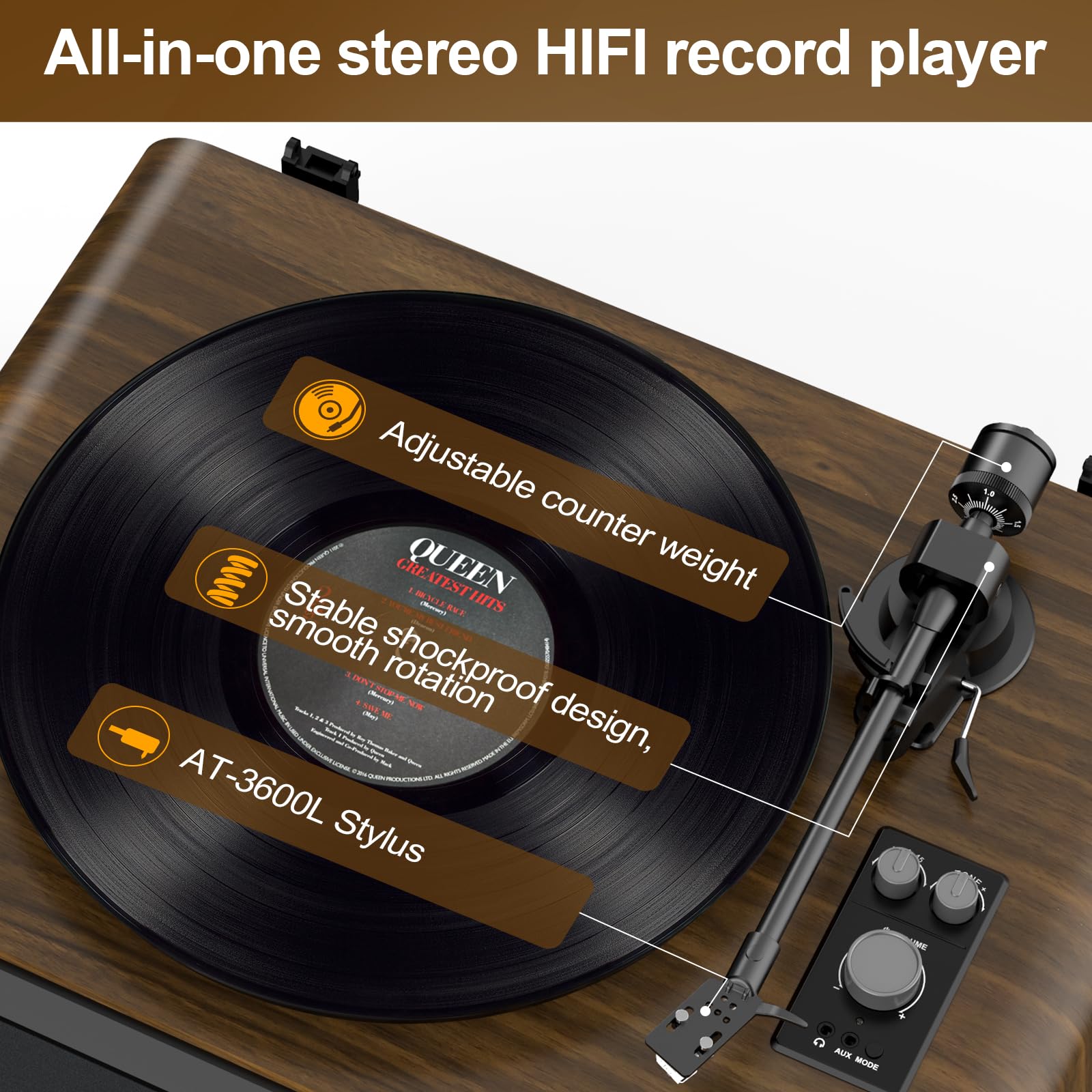 Record Player High-Fidelity Turntable with 2.1 Channel Sound System Built-in Subwoofer for Enhanced Bass, Vinyl Record Player with Magnetic Cartridge BT5.3 Playback RCA Out Aux in Belt-Drive 33/45RPM
