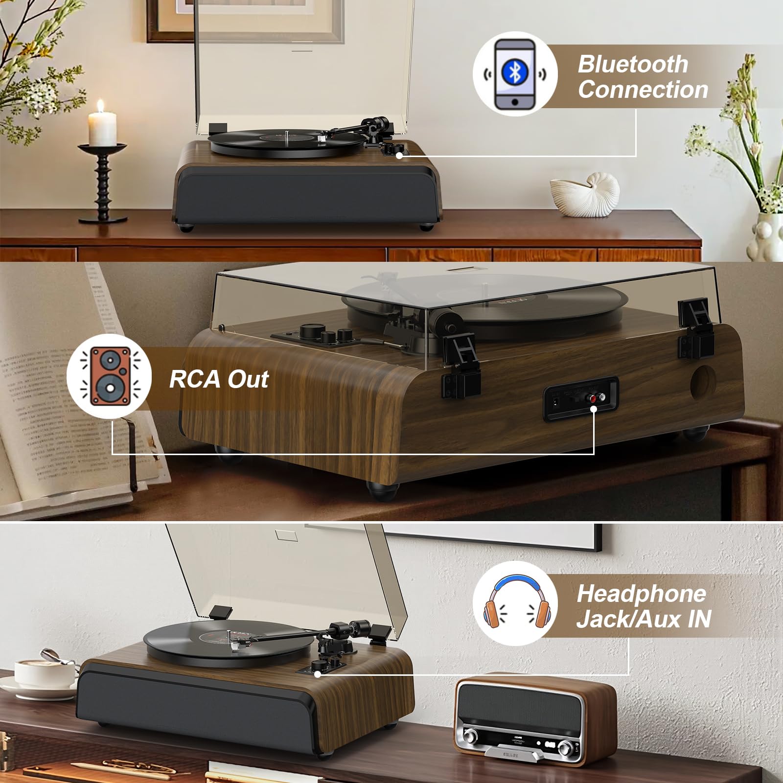 Record Player High-Fidelity Turntable with 2.1 Channel Sound System Built-in Subwoofer for Enhanced Bass, Vinyl Record Player with Magnetic Cartridge BT5.3 Playback RCA Out Aux in Belt-Drive 33/45RPM