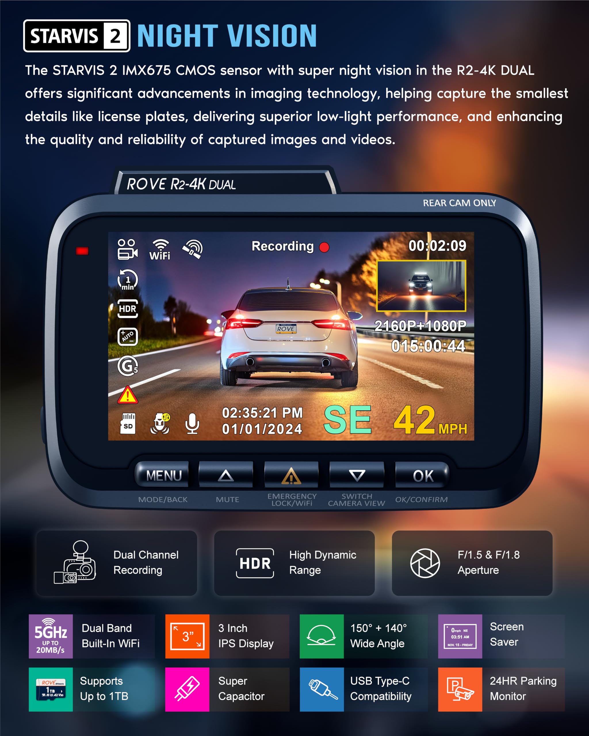 ROVE R2-4K DUAL Dash Cam Front and Rear, STARVIS 2 Sensor, FREE 128GB Card Included, 5G WiFi - up to 20MB/s Fastest Download Speed with App, 4K 2160P/FHD Dash Camera for Cars, 3