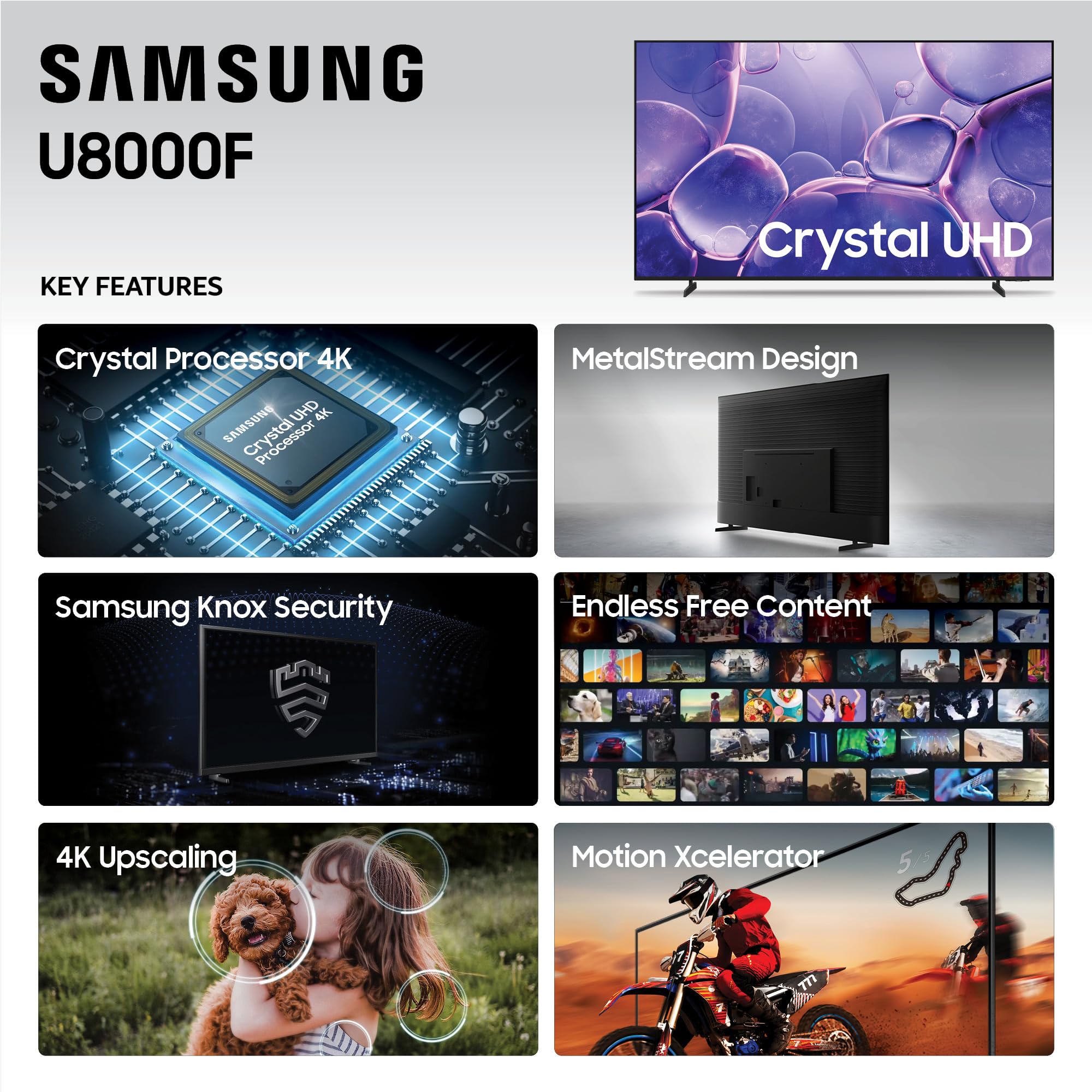 Samsung 85-Inch Class Crystal UHD U8000F 4K Smart TV (2025 Model) Endless Free Content, Crystal Processor 4K, MetalStream Design, Knox Security, Alexa Built-in
