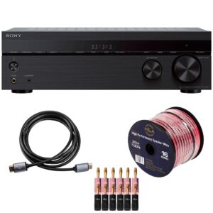 Sony STRDH590 5.2 Channel Surround Sound Home Theater Receiver: 4K HDR AV Receiver with Bluetooth, Black Bundle + H&A HDMI Cable & 100Ft 16 AWG Wire Cable + 6 Pairs Speaker Connector Banana Plugs