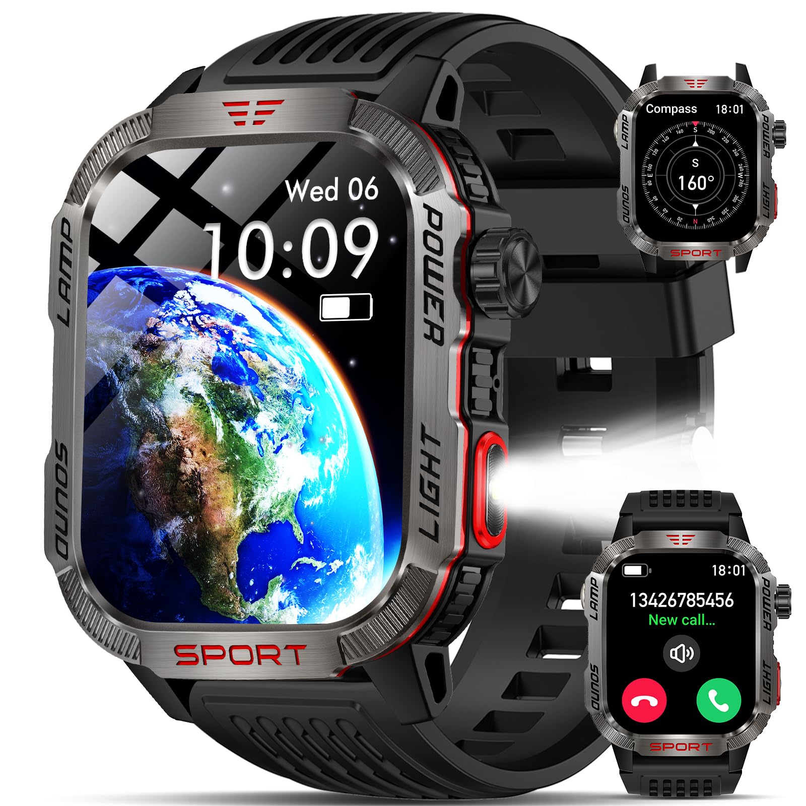 YYKY Military Smart Watches for Men – 40 Days Battery Life, Compass & Flashlight – 2.01” HD IP68 Waterproof Smart Watch, Fitness Tracker with Call, Heart Rate, Sleep Monitor,100+ Sport Modes