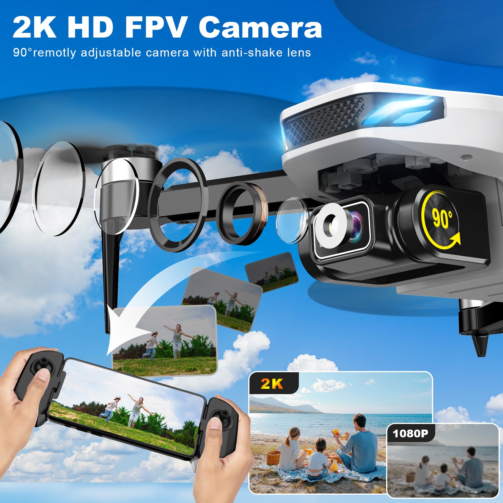 GPS Drone with Camera for Adults, 2K HD GPS Drones with Auto Return, Follow Me, Circle Fly, Waypoint Fly, Optical Flow, Brushless Motor, Foldable 5G Transmission FPV Quadcopter