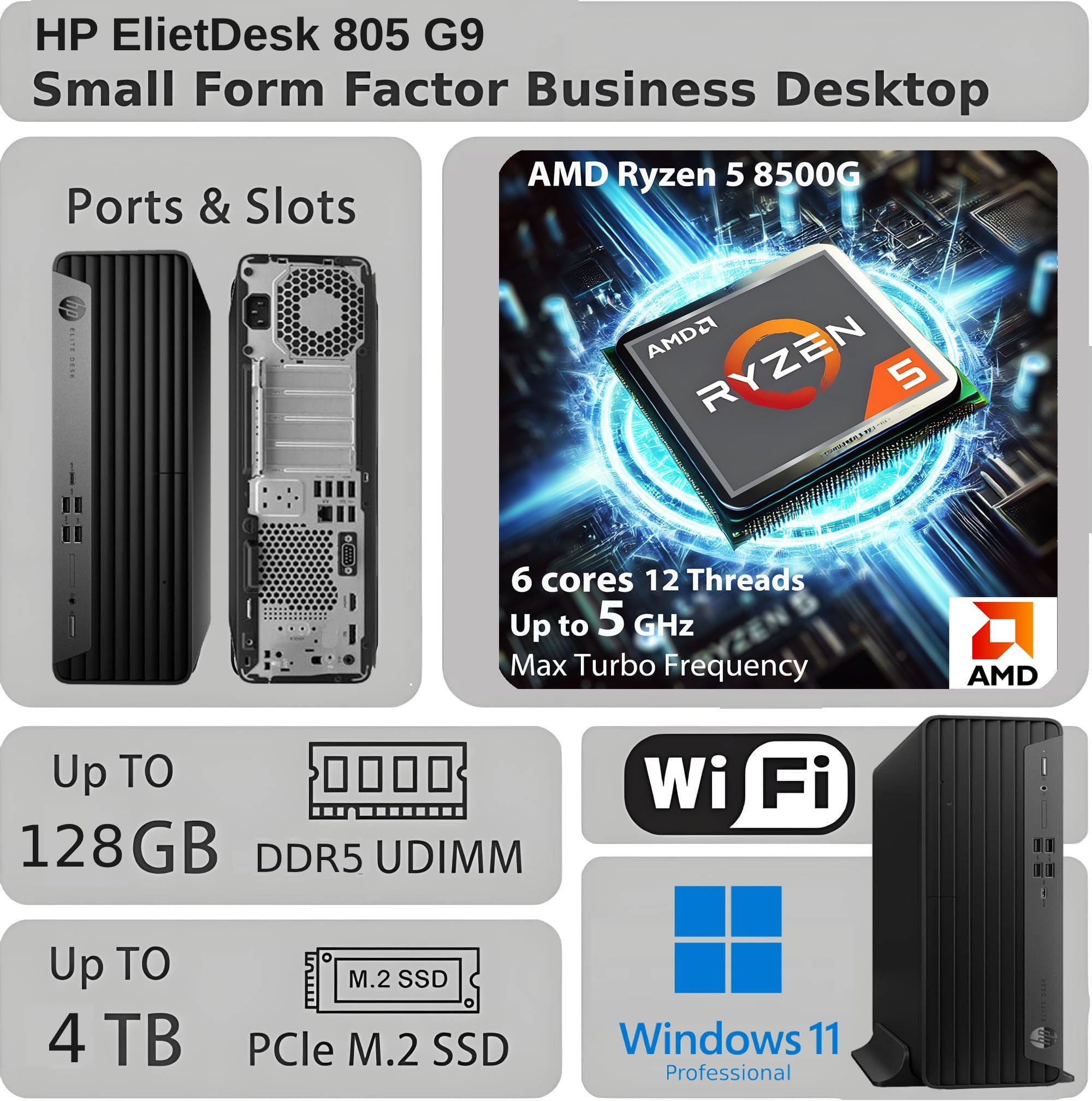 HP EliteDesk 805 G9 SFF Business Desktop Computer, AMD Ryzen 5 8500G, 32GB DDR5, 1TB PCIe SSD, Radeon 740M Graphics, Dual 4K Display Support, USB-C, HDMI, RJ-45, Wi-Fi, Wired KB & Mouse, Win11 Pro
