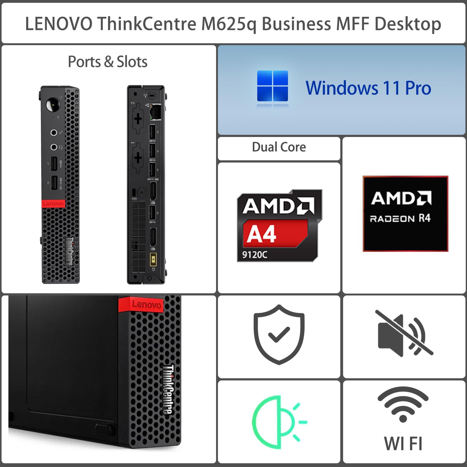Lenovo ThinkCentre M625q Tiny Business MFF Desktop, Dual Core A4 9120C, 16GB RAM, 256GB SSD, DP, Type-C, Support 2-Monitor 4K, RJ-45, Wi-Fi, Windows 11 Pro, Black, for Home Office & Corporate