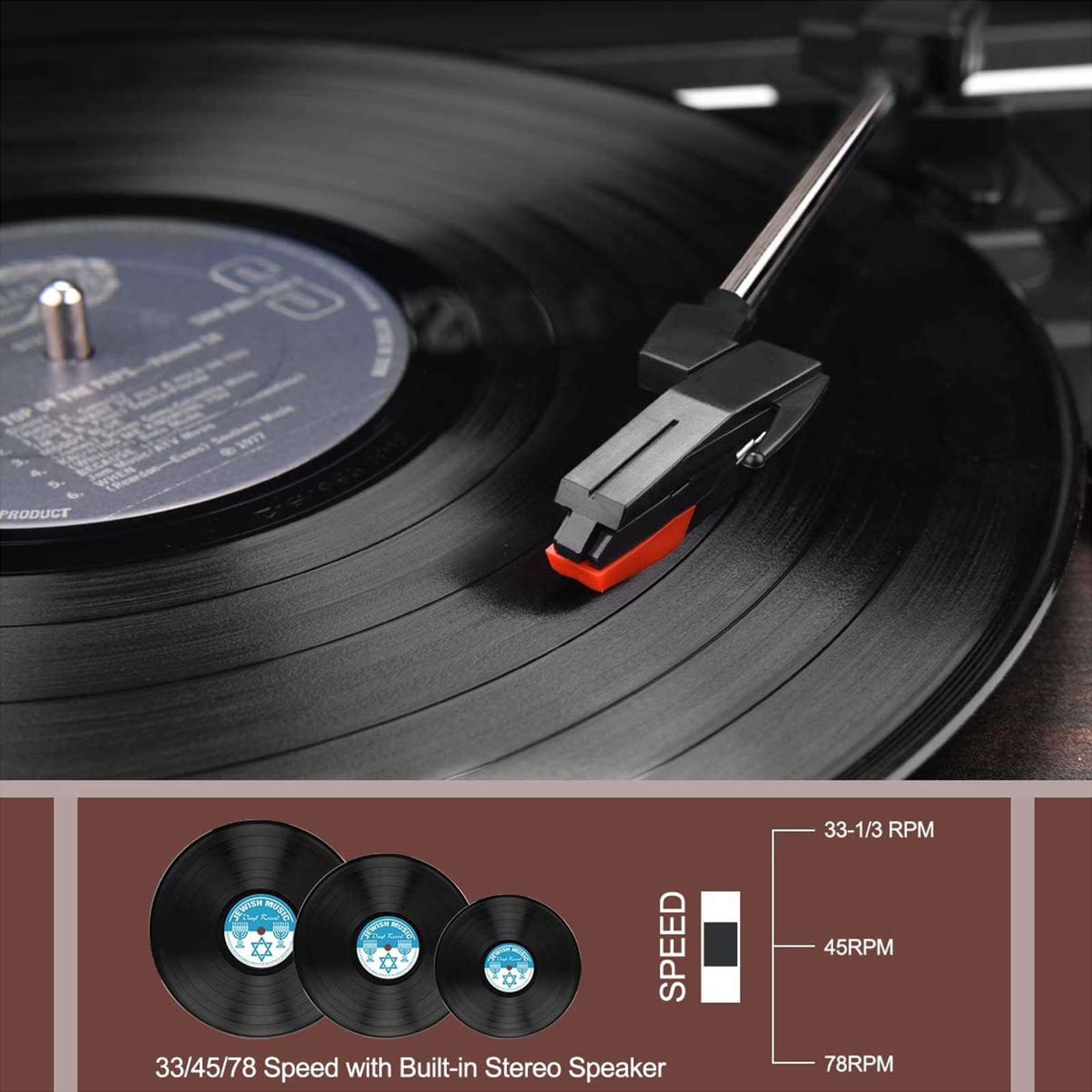 popsky Record Player, 3-Speed Vintage Style Turntable, Bluetooth Record Player with Built-in Stereo Speakers, Portable Suitcase LP Vinyl Player, Headphone & USB & RCA Jack Brown