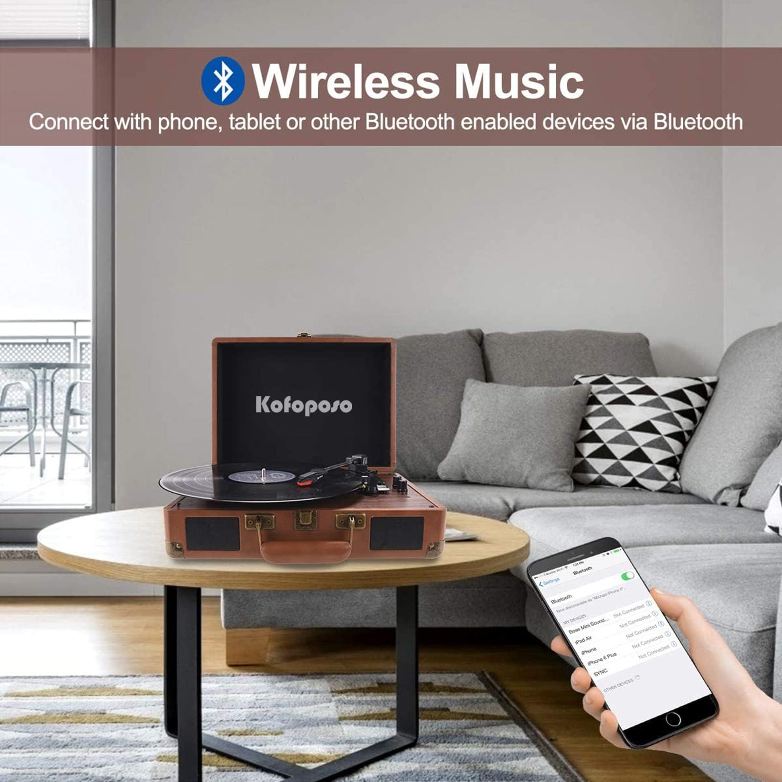 popsky Record Player, 3-Speed Vintage Style Turntable, Bluetooth Record Player with Built-in Stereo Speakers, Portable Suitcase LP Vinyl Player, Headphone & USB & RCA Jack Brown