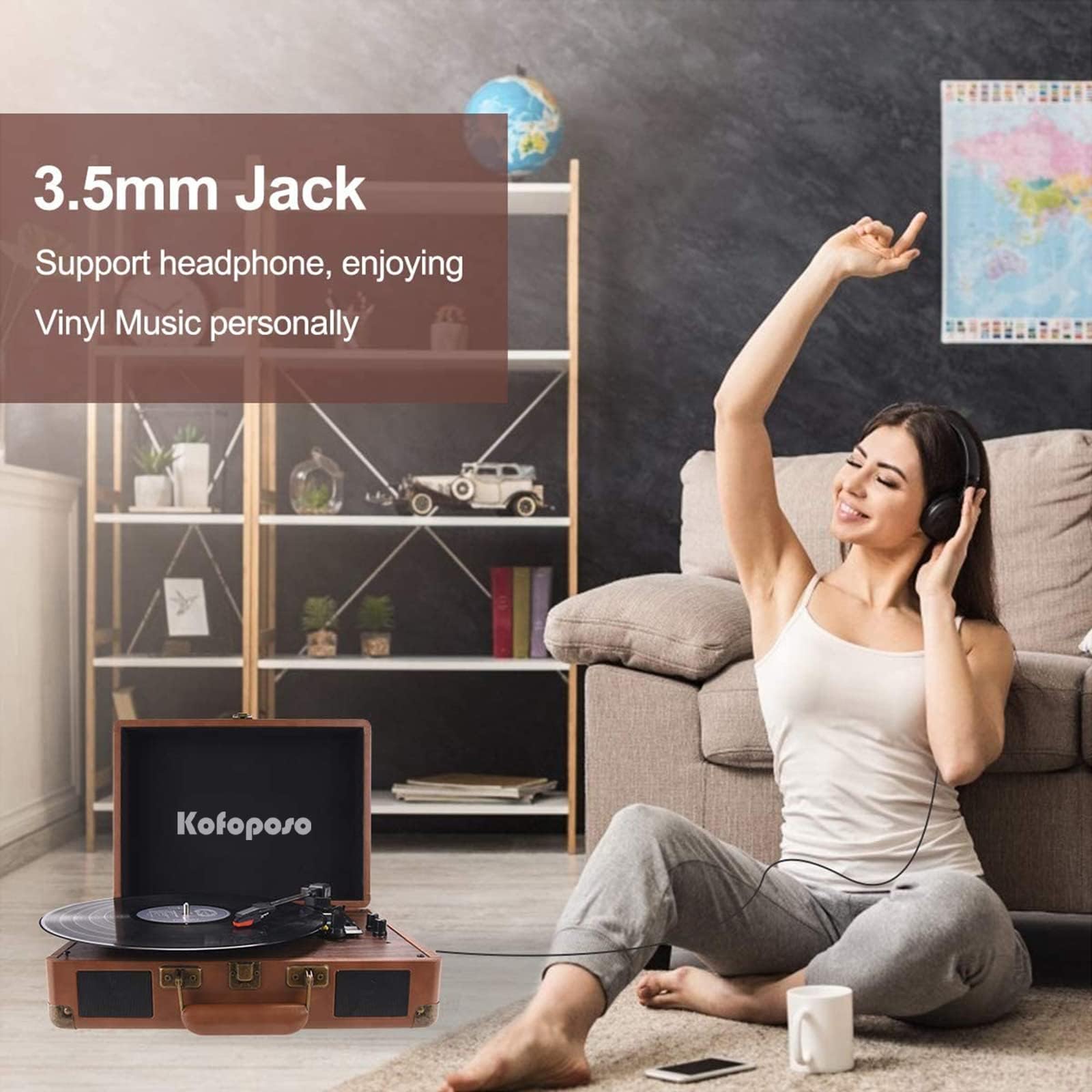 popsky Record Player, 3-Speed Vintage Style Turntable, Bluetooth Record Player with Built-in Stereo Speakers, Portable Suitcase LP Vinyl Player, Headphone & USB & RCA Jack Brown