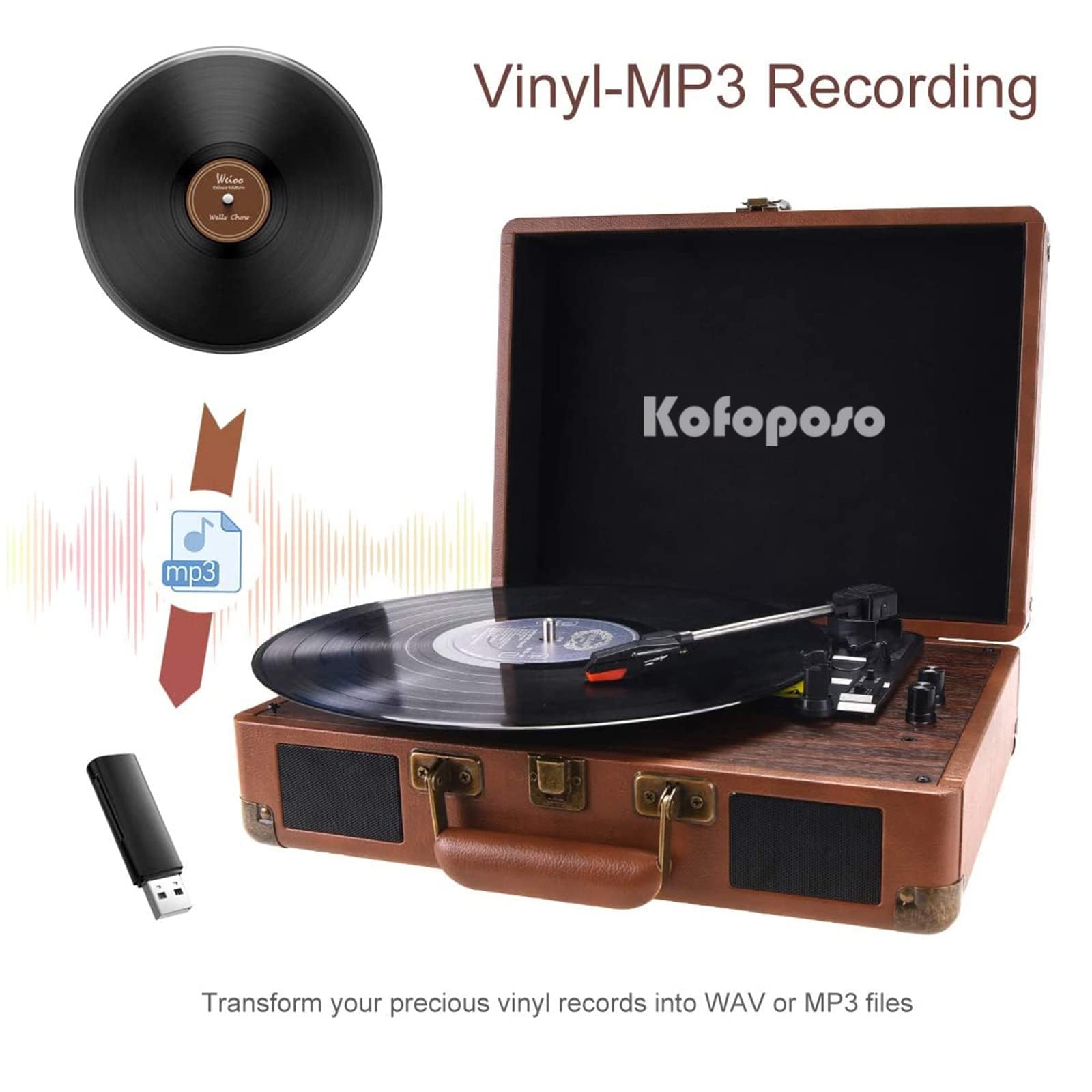 popsky Record Player, 3-Speed Vintage Style Turntable, Bluetooth Record Player with Built-in Stereo Speakers, Portable Suitcase LP Vinyl Player, Headphone & USB & RCA Jack Brown