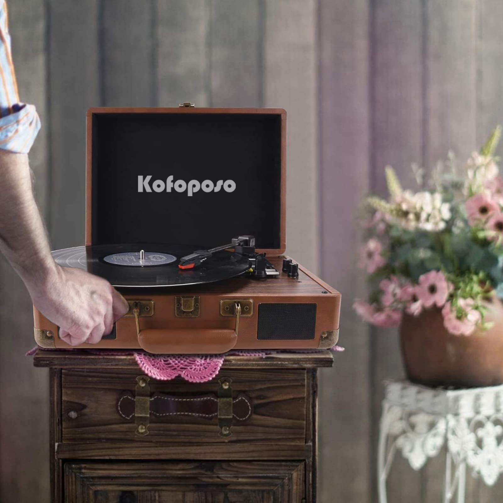 popsky Record Player, 3-Speed Vintage Style Turntable, Bluetooth Record Player with Built-in Stereo Speakers, Portable Suitcase LP Vinyl Player, Headphone & USB & RCA Jack Brown
