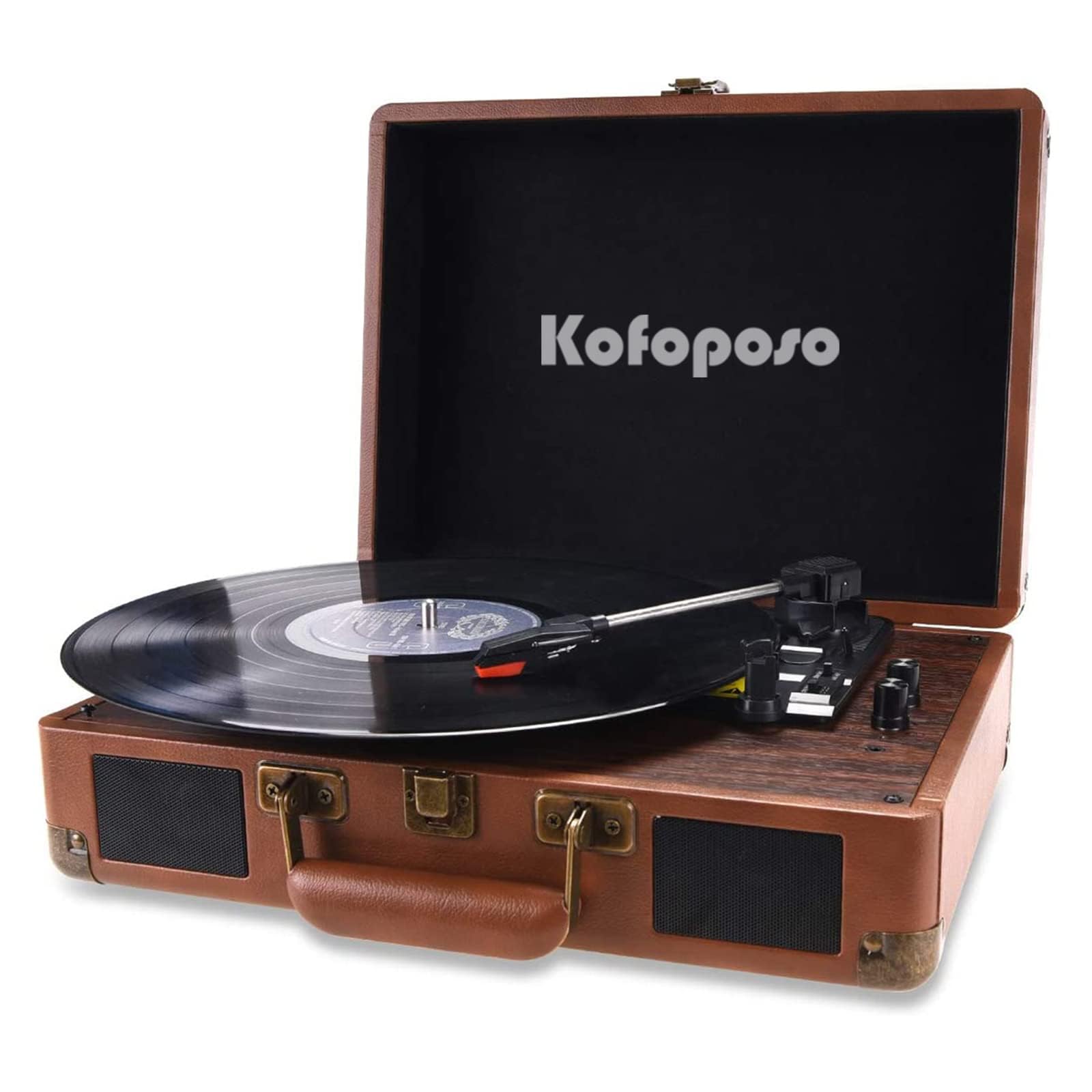 popsky Record Player, 3-Speed Vintage Style Turntable, Bluetooth Record Player with Built-in Stereo Speakers, Portable Suitcase LP Vinyl Player, Headphone & USB & RCA Jack Brown