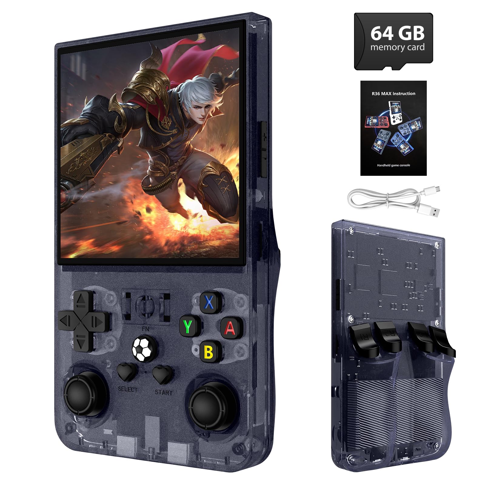 R36MAX Retro Handheld Game Console, 4.0 Inch IPS HD Screen Retro Gaming Console, Linux System, 20＋Mainstream Emulator Games Retro Game Console, 4000mAh Battery, Built-in 64G TF Card, Black