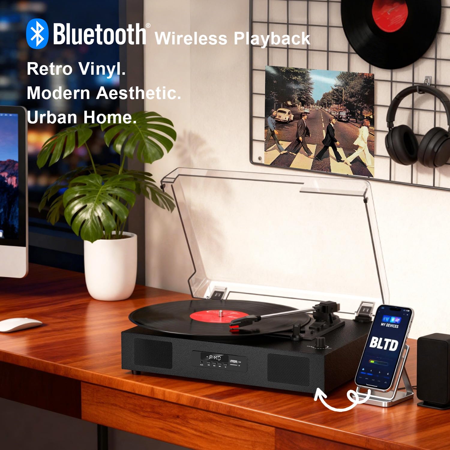 Vinyl Record Player Bluetooth Turntable with Built-in Two Speakers USB Recording Belt Drive 3 Speeds Turntables for Vinyl Records Support AUX RCA Output, LED Display, Black