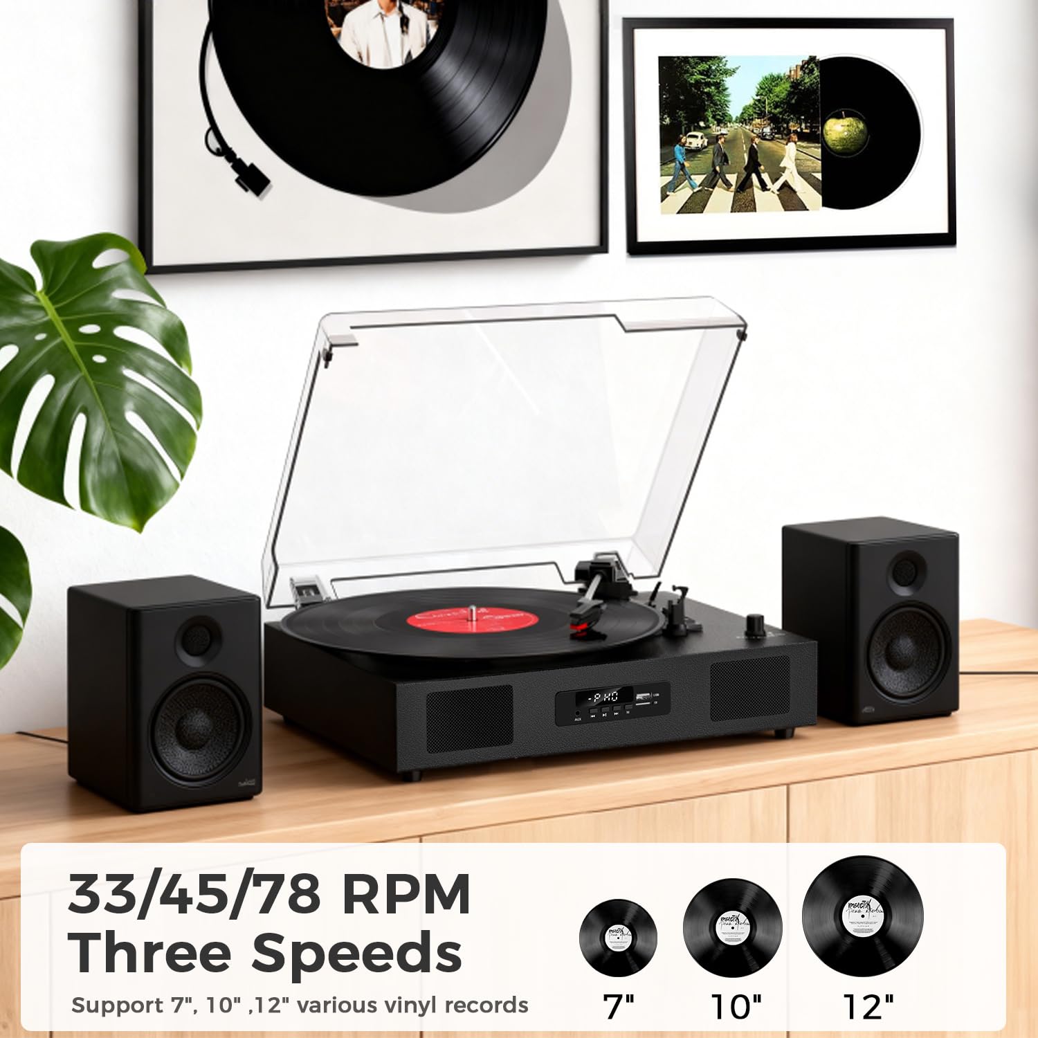 Vinyl Record Player Bluetooth Turntable with Built-in Two Speakers USB Recording Belt Drive 3 Speeds Turntables for Vinyl Records Support AUX RCA Output, LED Display, Black