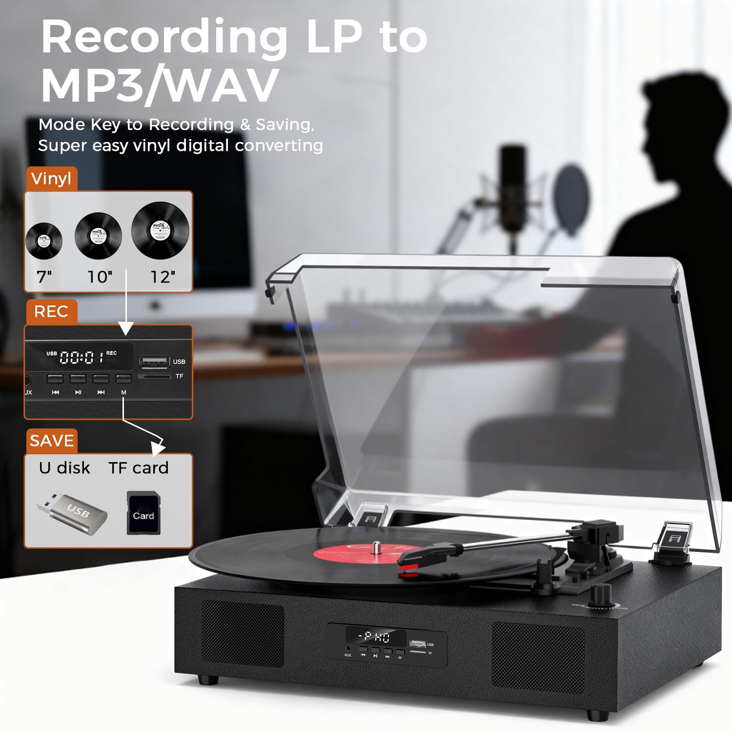Vinyl Record Player Bluetooth Turntable with Built-in Two Speakers USB Recording Belt Drive 3 Speeds Turntables for Vinyl Records Support AUX RCA Output, LED Display, Black