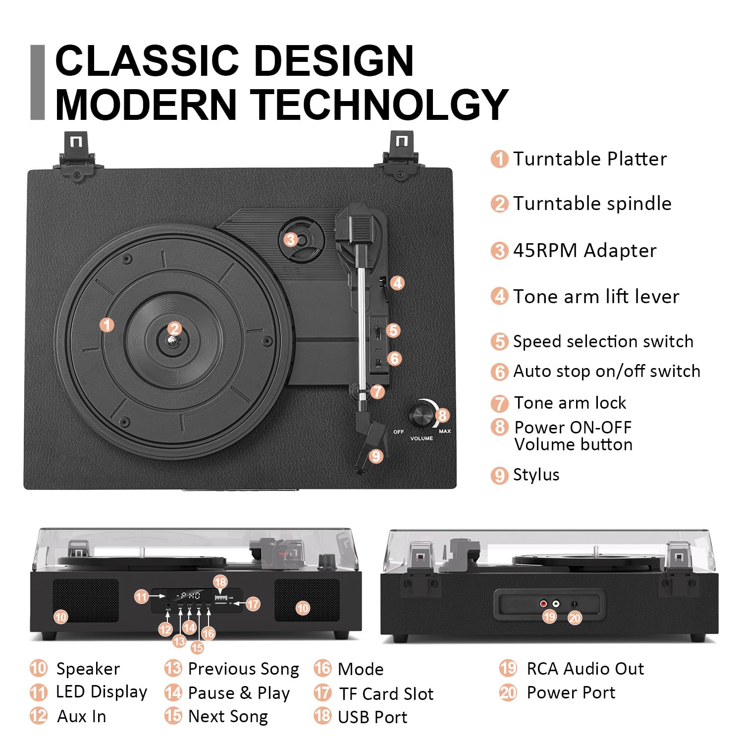 Vinyl Record Player Bluetooth Turntable with Built-in Two Speakers USB Recording Belt Drive 3 Speeds Turntables for Vinyl Records Support AUX RCA Output, LED Display, Black