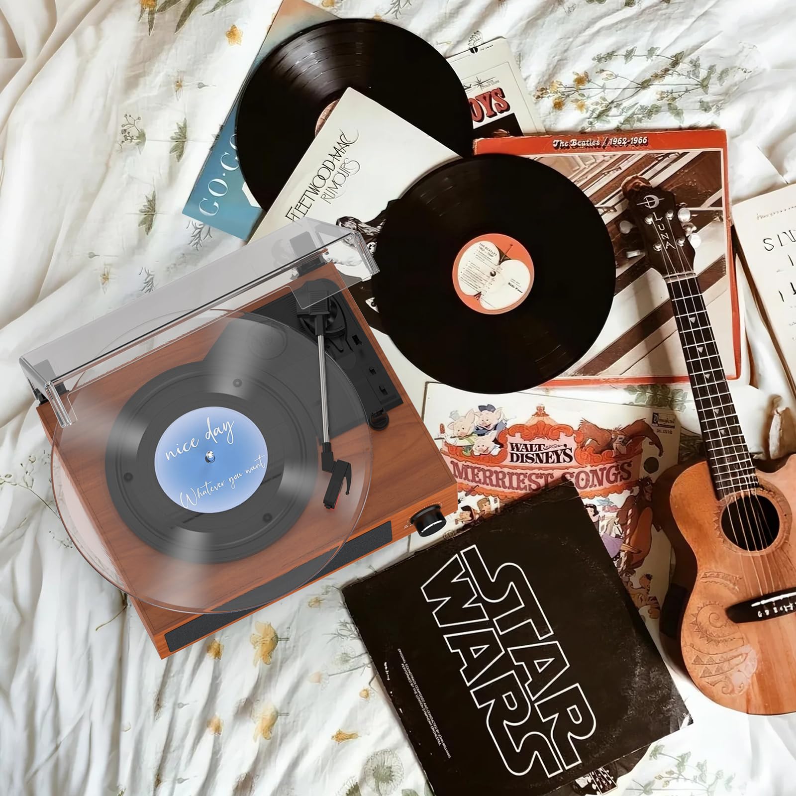 Vinyl Record Player Built-in Stereo Speakers BT Wireless Input Belt Drive Vintage Turntables for Vinyls Records 3 Speed LP Players Turn Tables RCA Line Auto Stop All-in-one Wooden Walnut Red