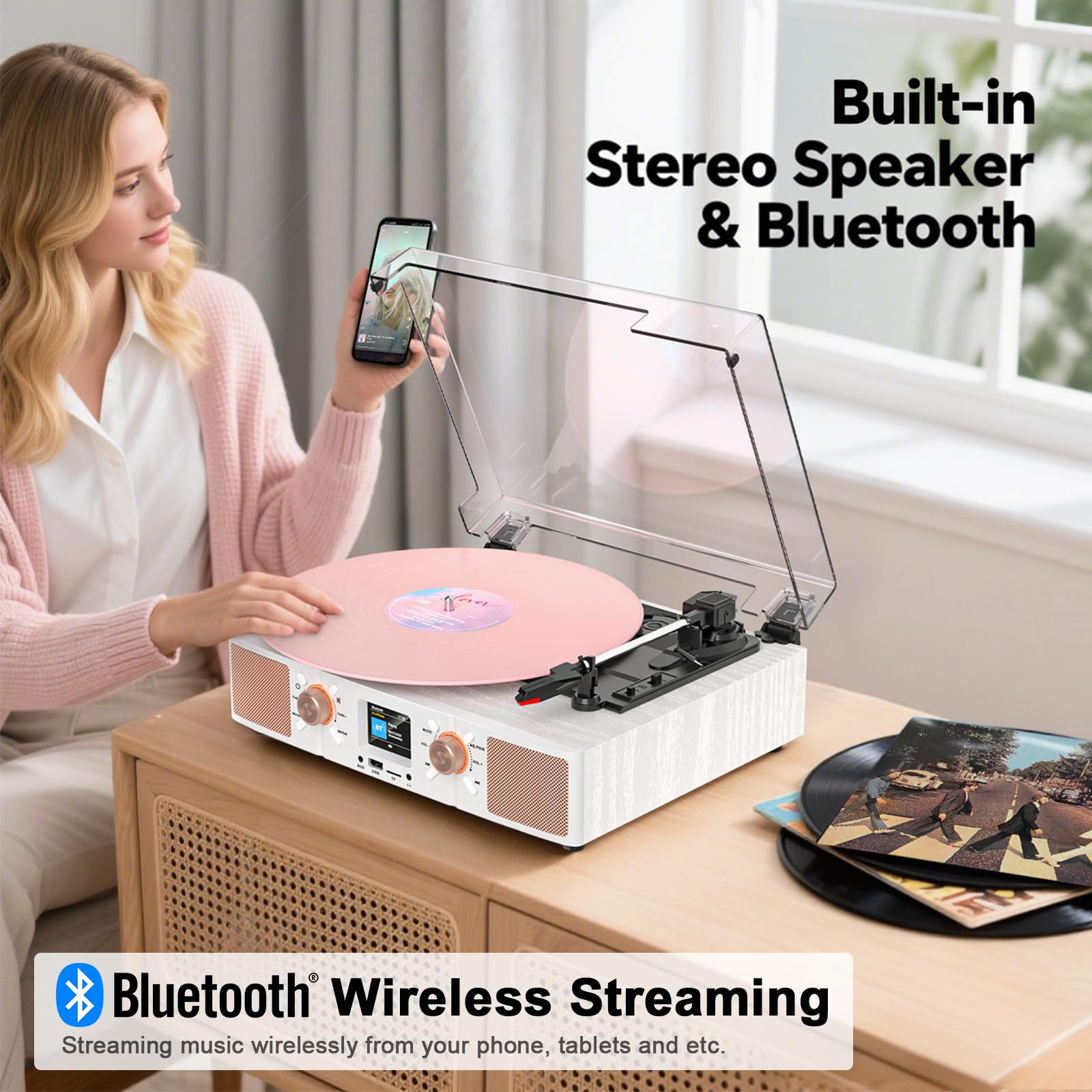 Vinyl Record Player with Built-in Speakers, Vintage 3-Speed Bluetooth Turntable with USB Recording, LCD Display, Clock, RCA/Headphone/AUX Jacks, Belt-Driven LP Player, White Rose Gold