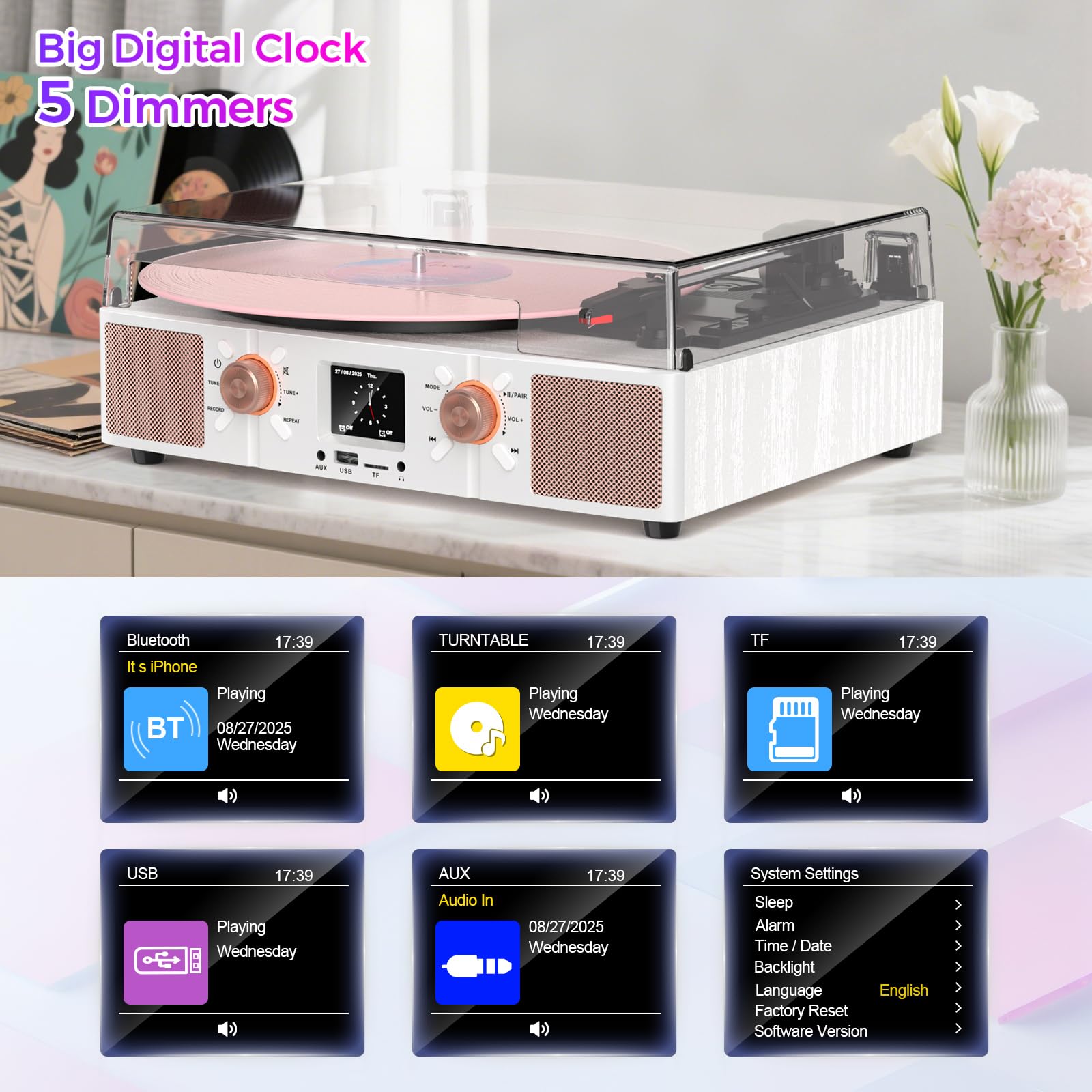 Vinyl Record Player with Built-in Speakers, Vintage 3-Speed Bluetooth Turntable with USB Recording, LCD Display, Clock, RCA/Headphone/AUX Jacks, Belt-Driven LP Player, White Rose Gold