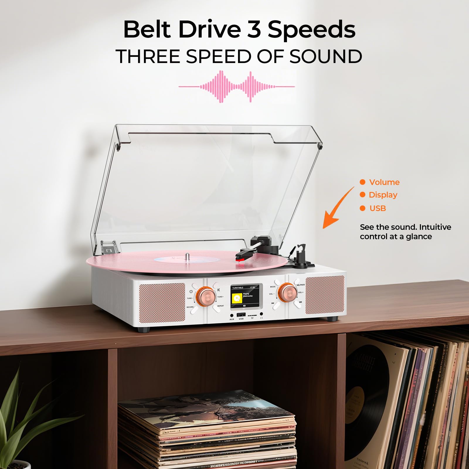 Vinyl Record Player with Built-in Speakers, Vintage 3-Speed Bluetooth Turntable with USB Recording, LCD Display, Clock, RCA/Headphone/AUX Jacks, Belt-Driven LP Player, White Rose Gold