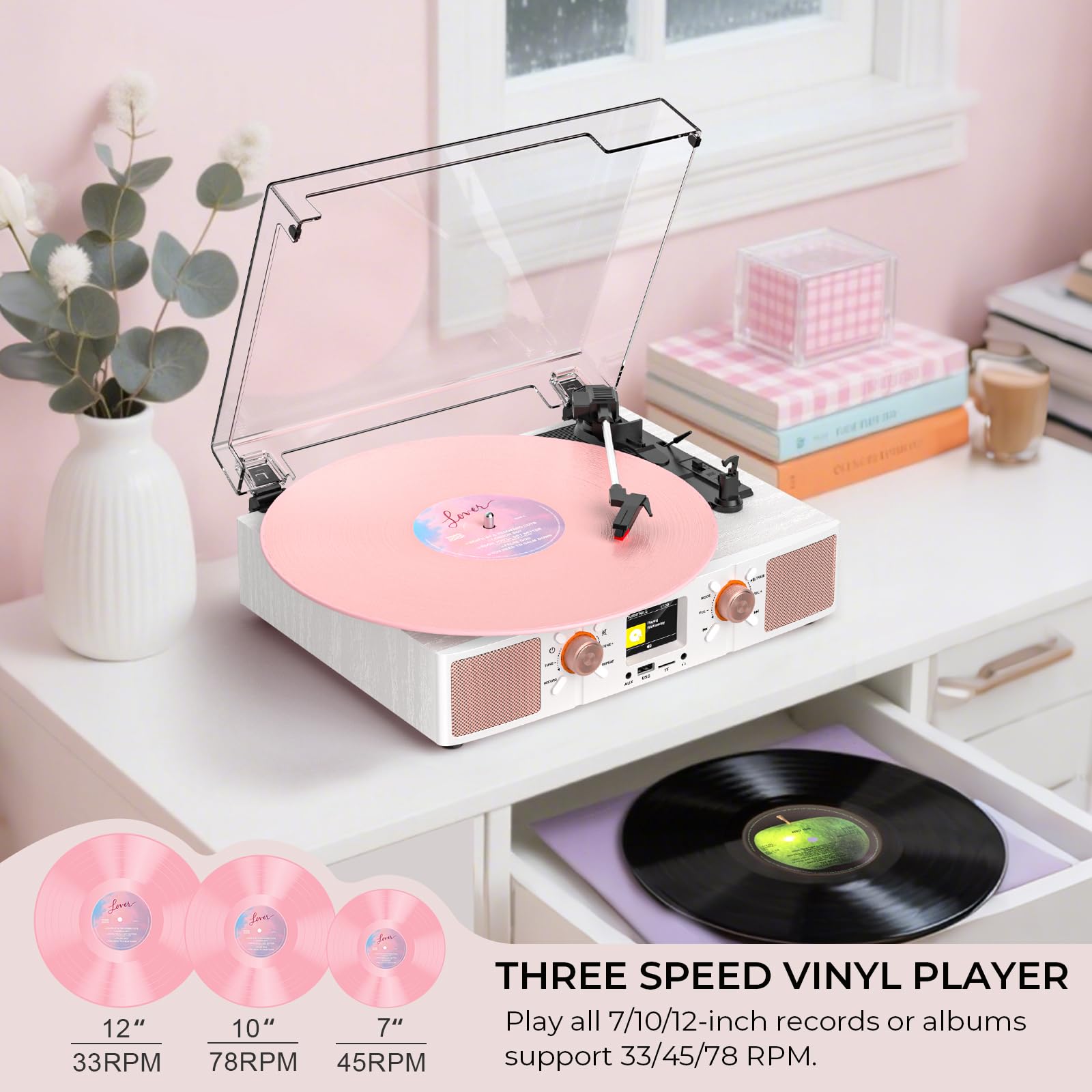 Vinyl Record Player with Built-in Speakers, Vintage 3-Speed Bluetooth Turntable with USB Recording, LCD Display, Clock, RCA/Headphone/AUX Jacks, Belt-Driven LP Player, White Rose Gold
