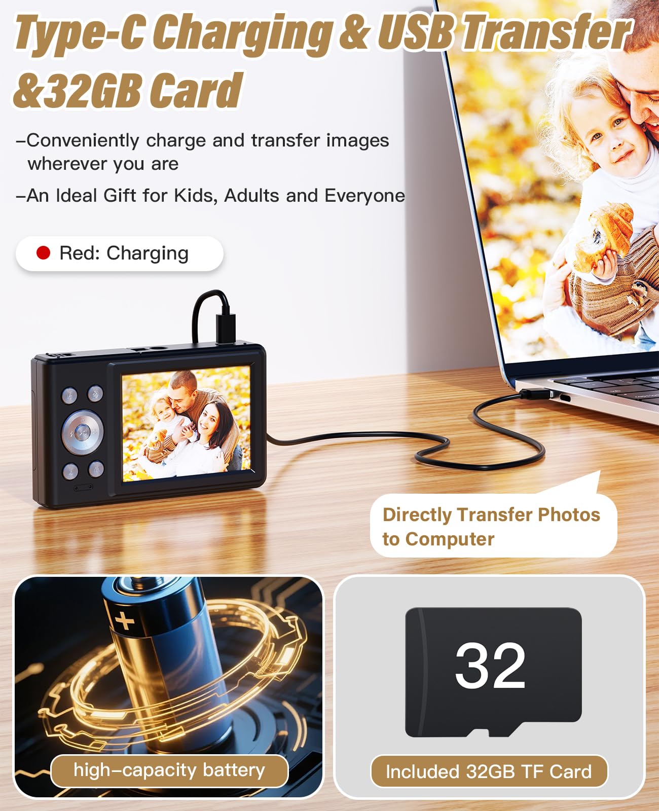 2025 New Digital Camera, 56MP FHD 1080P for Kids with 16x Digital Zoom Anti Shake, Face Detect, Smile Capture, 32GB TF Card, Battery, Lanyard, a Great Gift for Boys & Girls（Black）
