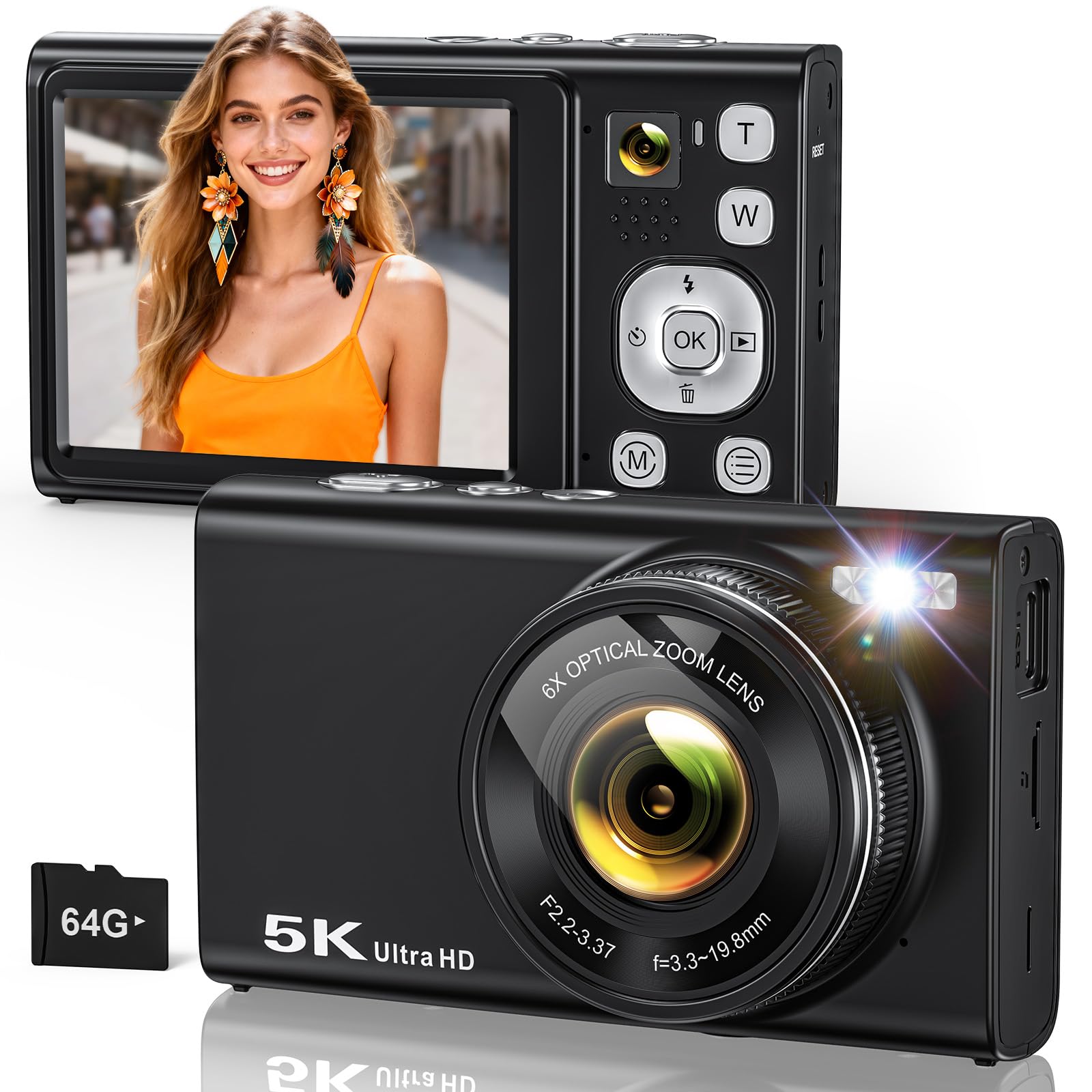5K Digital Camera for Photography with 6X Optical Zoom, Autofocus 96MP Vlogging Camera for YouTube Video with Dual-Lens, Compact Point and Shoot Travel Cameras for Beginners with 64GB Card & Flash