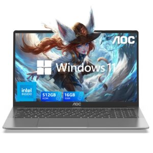 AOC 2025 Laptop, 15.6 inch FHD Screen Laptop Computer, Work Laptops with Intel N95 Processor Laptop 16GB RAM, 512GB SSD, Windows 11 Laptop Computer, Light&Thin, Metal Shell, Webcam, Type-C, USB 3.2