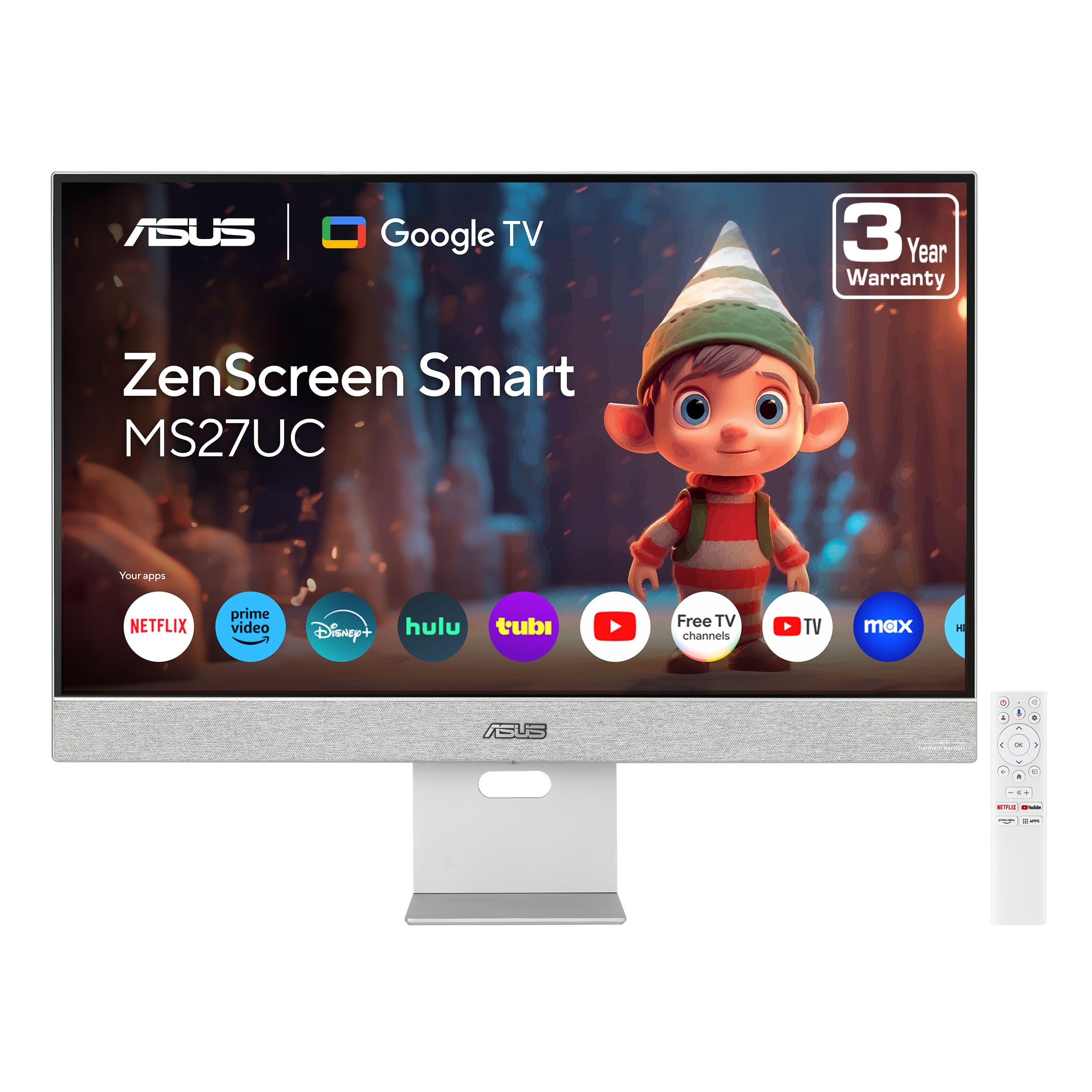 ASUS ZenScreen 31.5” 4K USB-C Smart Monitor (MS32UC) - UHD (3840 x 2160) IPS, 98% DCI-P3, GoogleTV, Harman Kardon Speakers, USB-C (90W PD), Wireless Display, Netflix and YouTube, 3 yr Warranty