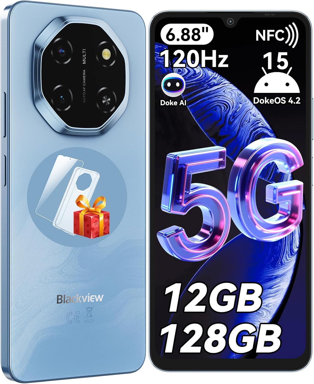 Blackview Shark 6 Unlocked Android Phones 5G (2025), Android 15 Cell Phone Unlocked, 6.88″ 120Hz Display, 12GB+128GB/2TB, 16MP+8MP AI Camera, 5000mAh/18W,Fingerprint/Face ID,Dual SIM/GPS/OTG/NFC,Black