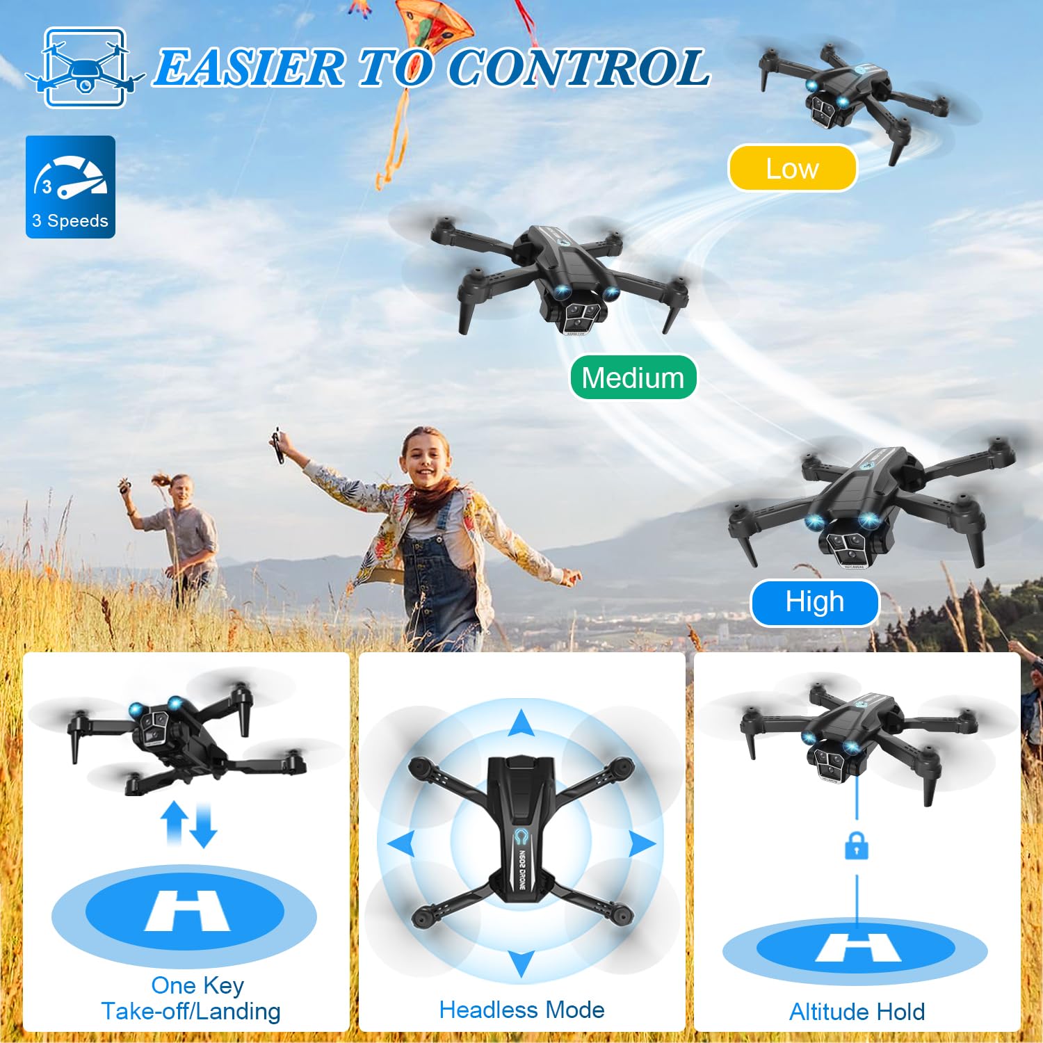 Drone with Camera 1080P HD, Mini Drone for Beginners Kids Adults, RC Quadcopter with 2 Batteries, Carrying Case, Stable Hover, Trajectory Flight, Gravity Control, One Key Take Off/Land, Black