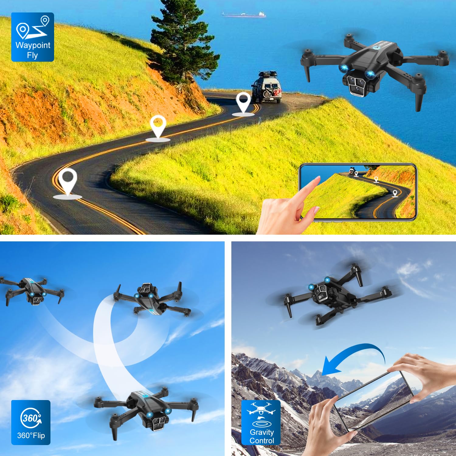 Drone with Camera 1080P HD, Mini Drone for Beginners Kids Adults, RC Quadcopter with 2 Batteries, Carrying Case, Stable Hover, Trajectory Flight, Gravity Control, One Key Take Off/Land, Black