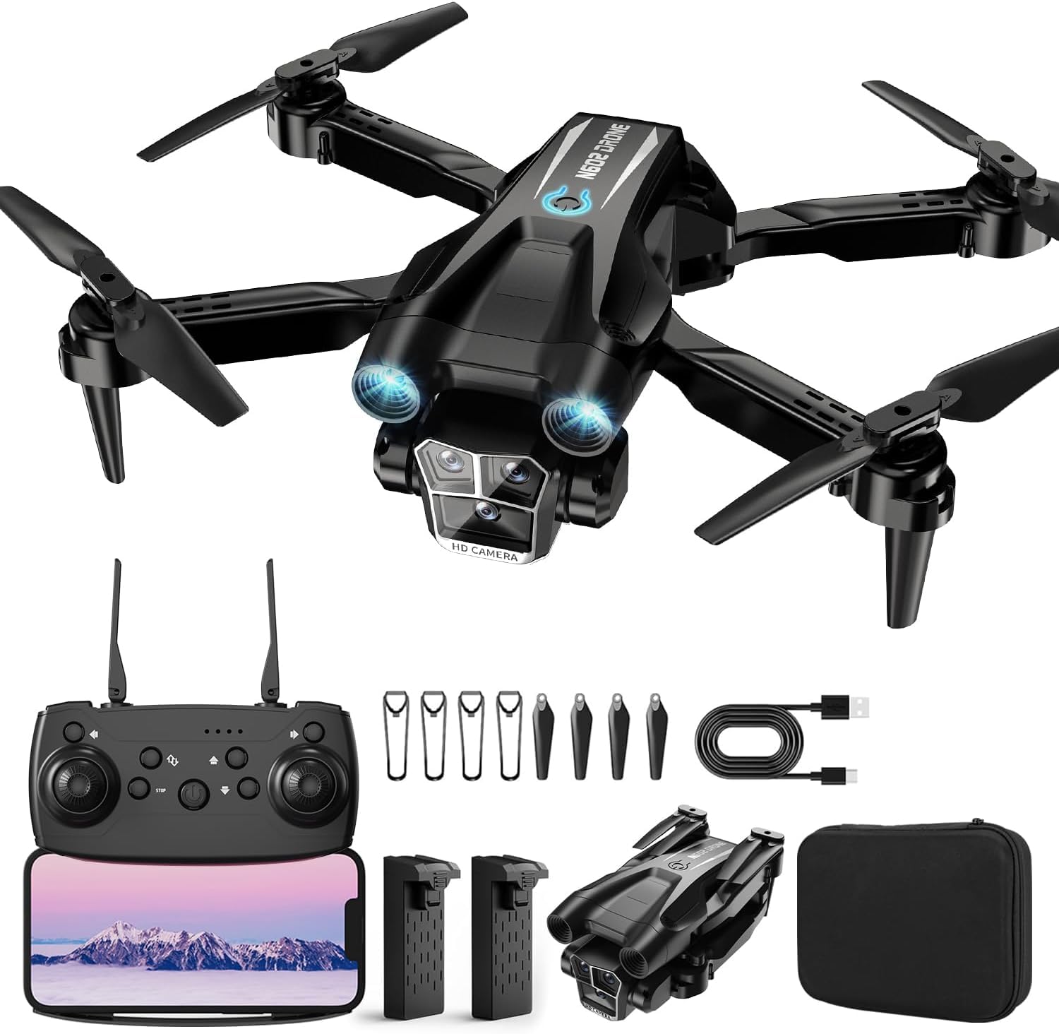 Drone with Camera 1080P HD, Mini Drone for Beginners Kids Adults, RC Quadcopter with 2 Batteries, Carrying Case, Stable Hover, Trajectory Flight, Gravity Control, One Key Take Off/Land, Black