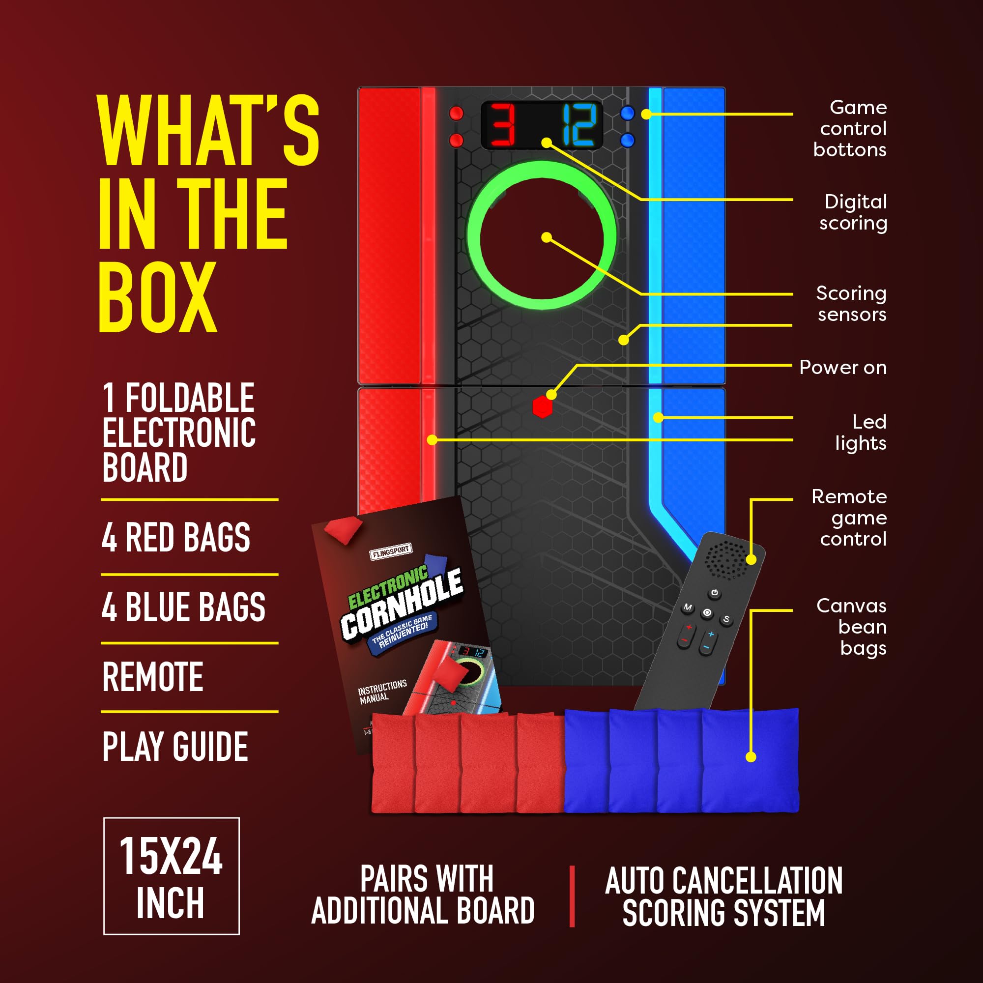 Electronic Cornhole Board Set, Auto Scoring, Incl 1 Corn Hole Board 1 Remote & 8 Bean Bags, Outdoor & Camping Games Gift Ideas, Birthday Gifts for Kids, Teens, Adults, Boys, Girls Ages 8-12+ Years Old