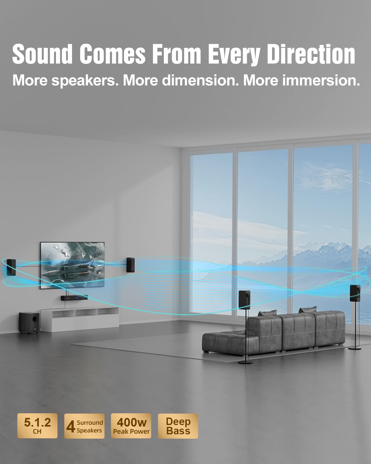 Hiwill-Audio 5.1.2ch Sound Bar for TV, 4 Surround Speakers Virtual Surround Sound System, Wooden Home Theater Soundbar for Smart TV w/Subwoofer, 400W Peak Power, Deep Bass, ARC/Opt/BT, HiPulse N512