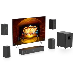 Hiwill-Audio 5.1.2ch Sound Bar for TV, 4 Surround Speakers Virtual Surround Sound System, Wooden Home Theater Soundbar for Smart TV w/Subwoofer, 400W Peak Power, Deep Bass, ARC/Opt/BT, HiPulse N512